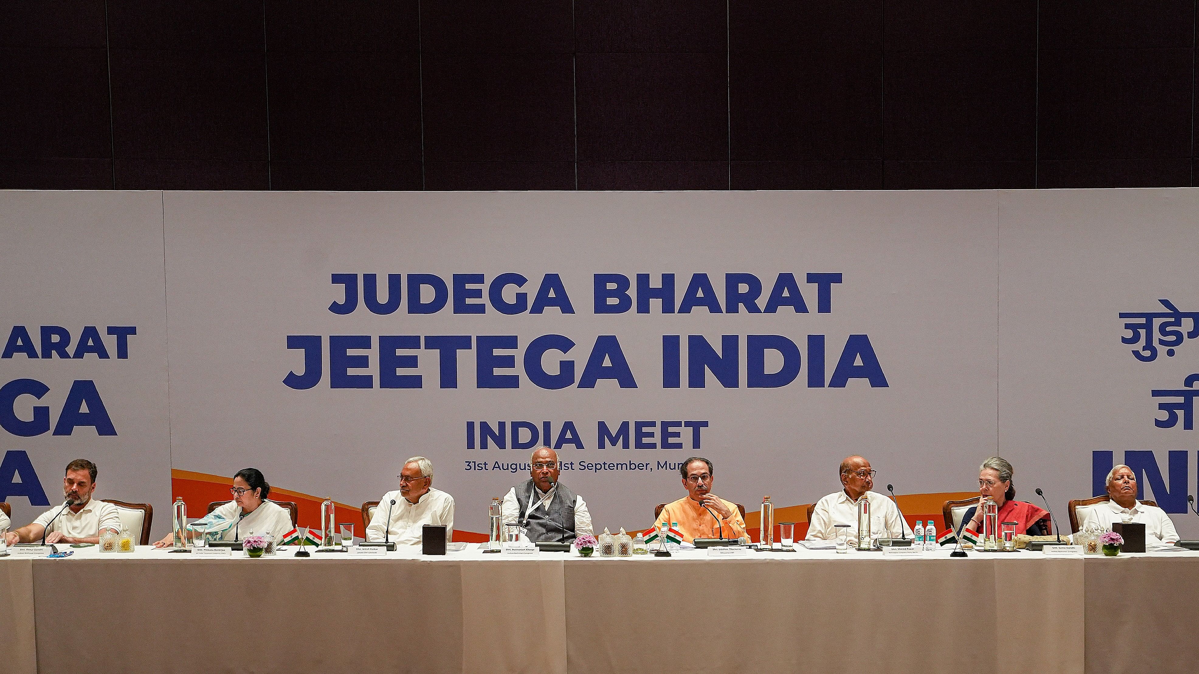 <div class="paragraphs"><p>Congress leader Rahul Gandhi, West Bengal CM and TMC supremo Mamata Banerjee, Bihar CM Nitish Kumar, Congress President Mallikarjun Kharge, Shiv Sena (UBT) Chief Uddhav Thackeray, NCP Chief Sharad Pawar, Congress leader Sonia Gandhi, RJD chief Lalu Prasad Yadav pictured during the I.N.D.I.A meet in Mumbai, September 1, 2023.</p></div>