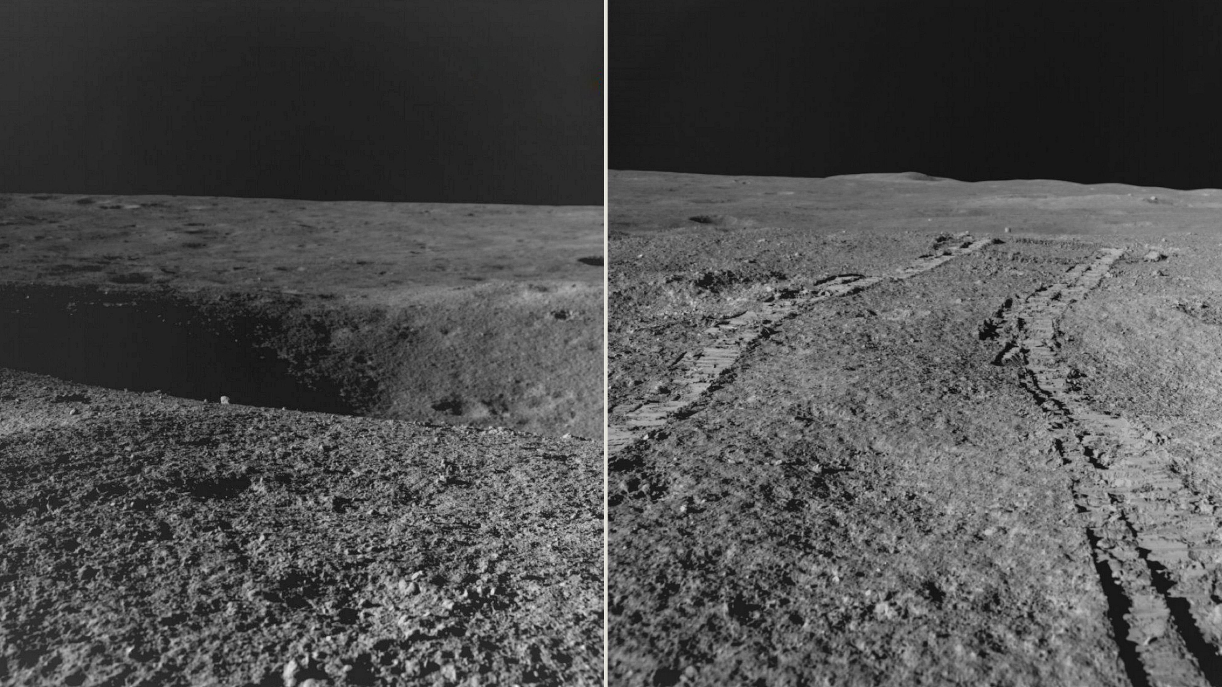 <div class="paragraphs"><p>A combo of two photos shows a crater (L) that the Chandrayaan-3 Rover Pragyan encountered and the path (R) retraced by it on the lunar surface, as seen by the navigation camera onboard the Rover. </p></div>