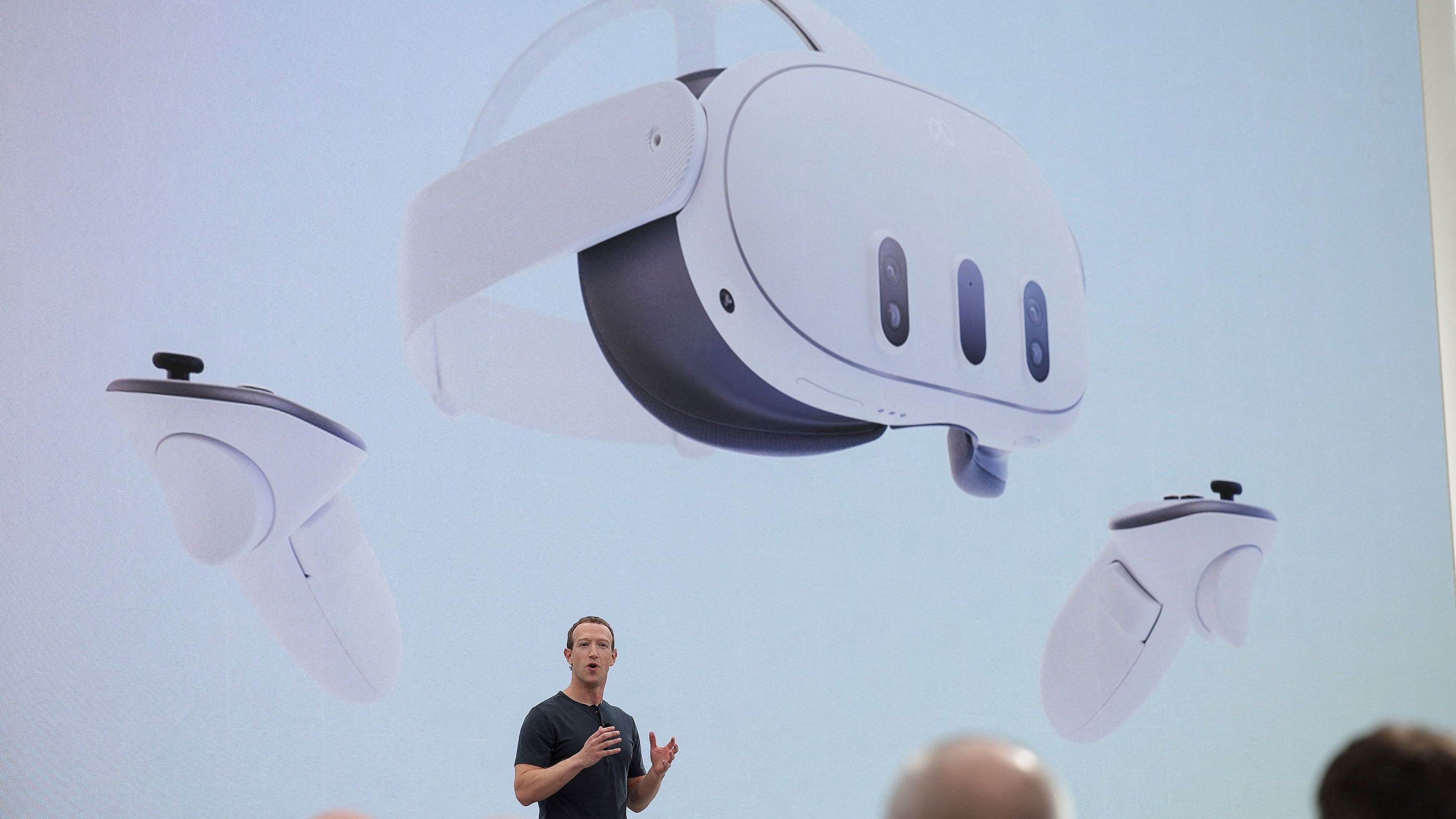 <div class="paragraphs"><p>Meta CEO Mark Zuckerberg delivers a speech, as a VR headset appears on screen, during the Meta Connect event at the company's headquarters in Menlo Park, California, U.S., September 27, 2023.</p></div>