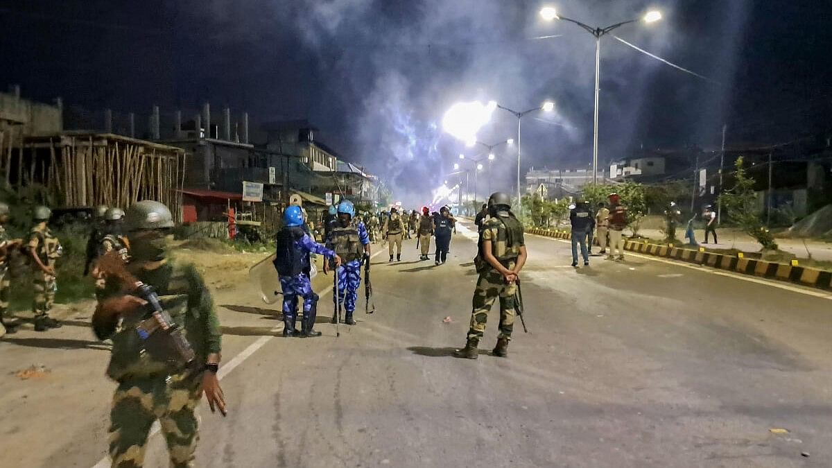 <div class="paragraphs"><p>RAF and CRPF personnel guard after a mob tried to attack the residence of Chief Minister N Biren Singh at Heingang in Imphal East district.</p></div>