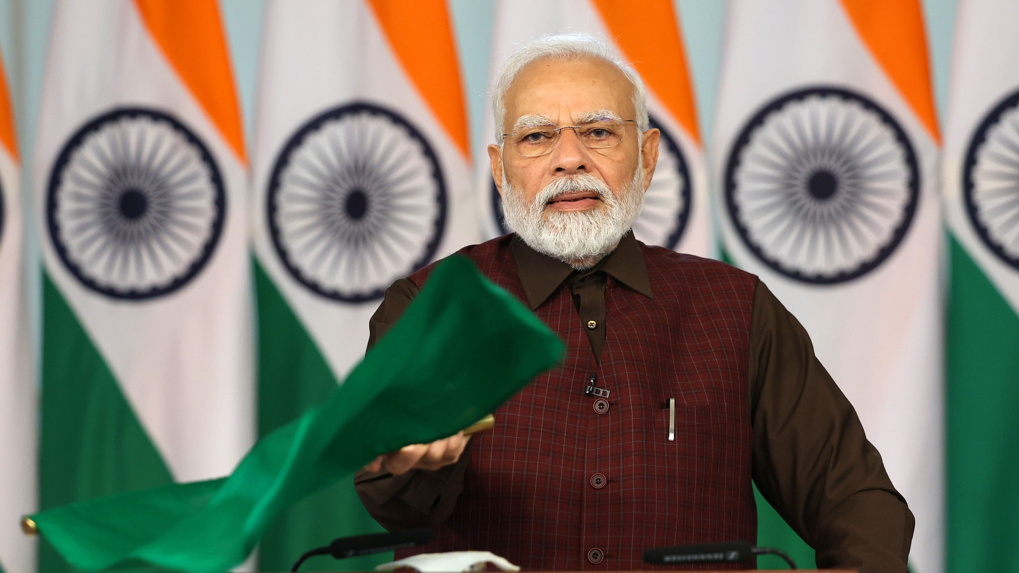 <div class="paragraphs"><p>Prime Minister Narendra Modi flags off nine Vande Bharat Express trains via video conferencing, in New Delhi, Sunday, Sept. 24, 2023.</p></div>