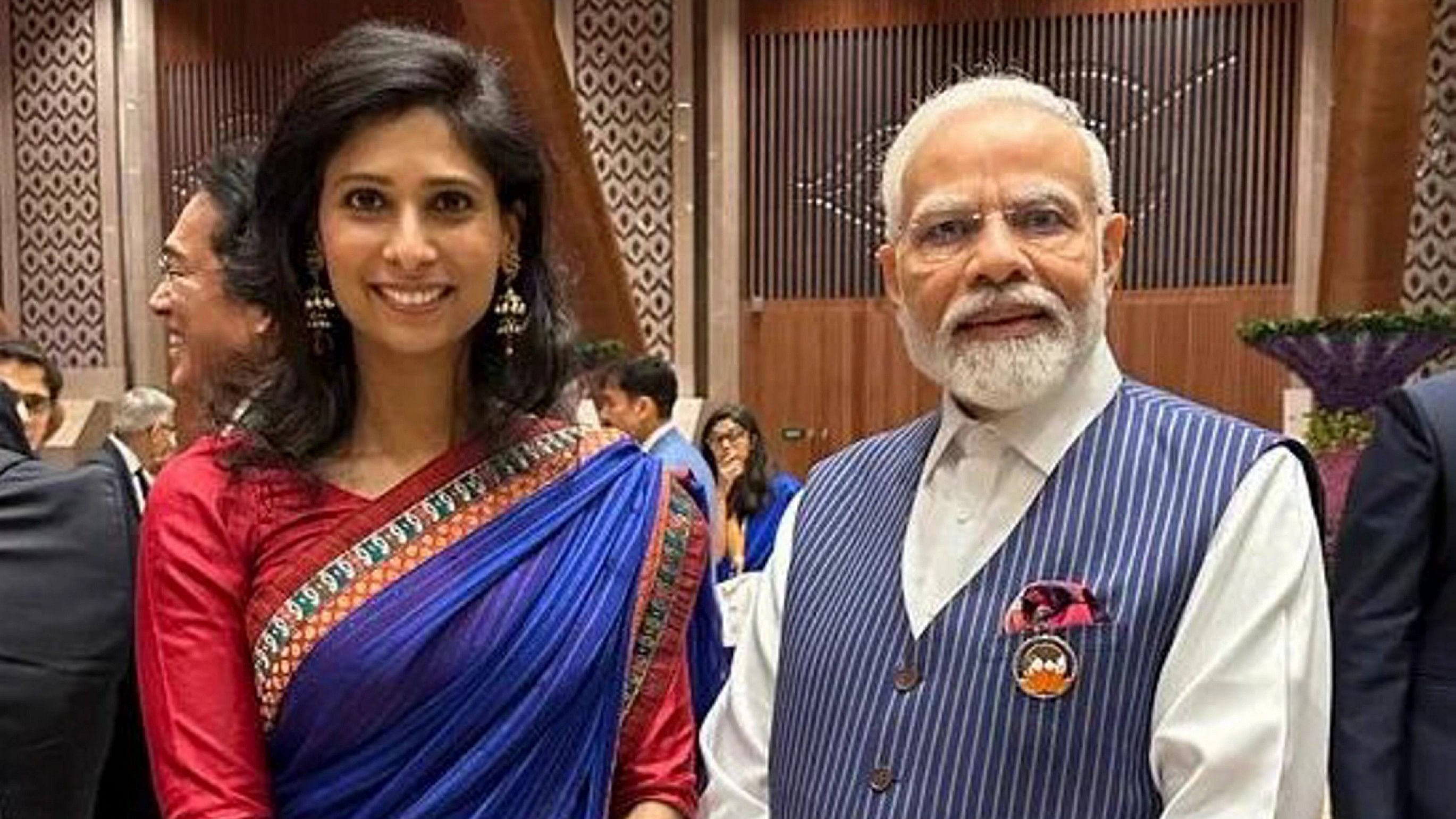 <div class="paragraphs"><p> Prime Minister Narendra Modi with Deputy Managing Director of International Monetary Fund (IMF) Gita Gopinath at the Gala Dinner during the G20 Summit at Bharat Mandapam convention centre, in New Delhi, Saturday, Sept 9, 2023.     </p></div>