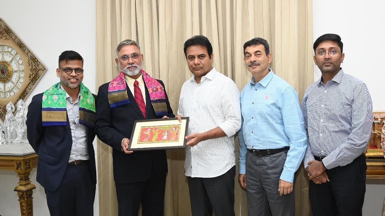 <div class="paragraphs"><p>Advent International's leadership team with Telanagan's IT and industries minister KT Rama Rao and state industries secretary Jayesh Ranjan.</p></div>