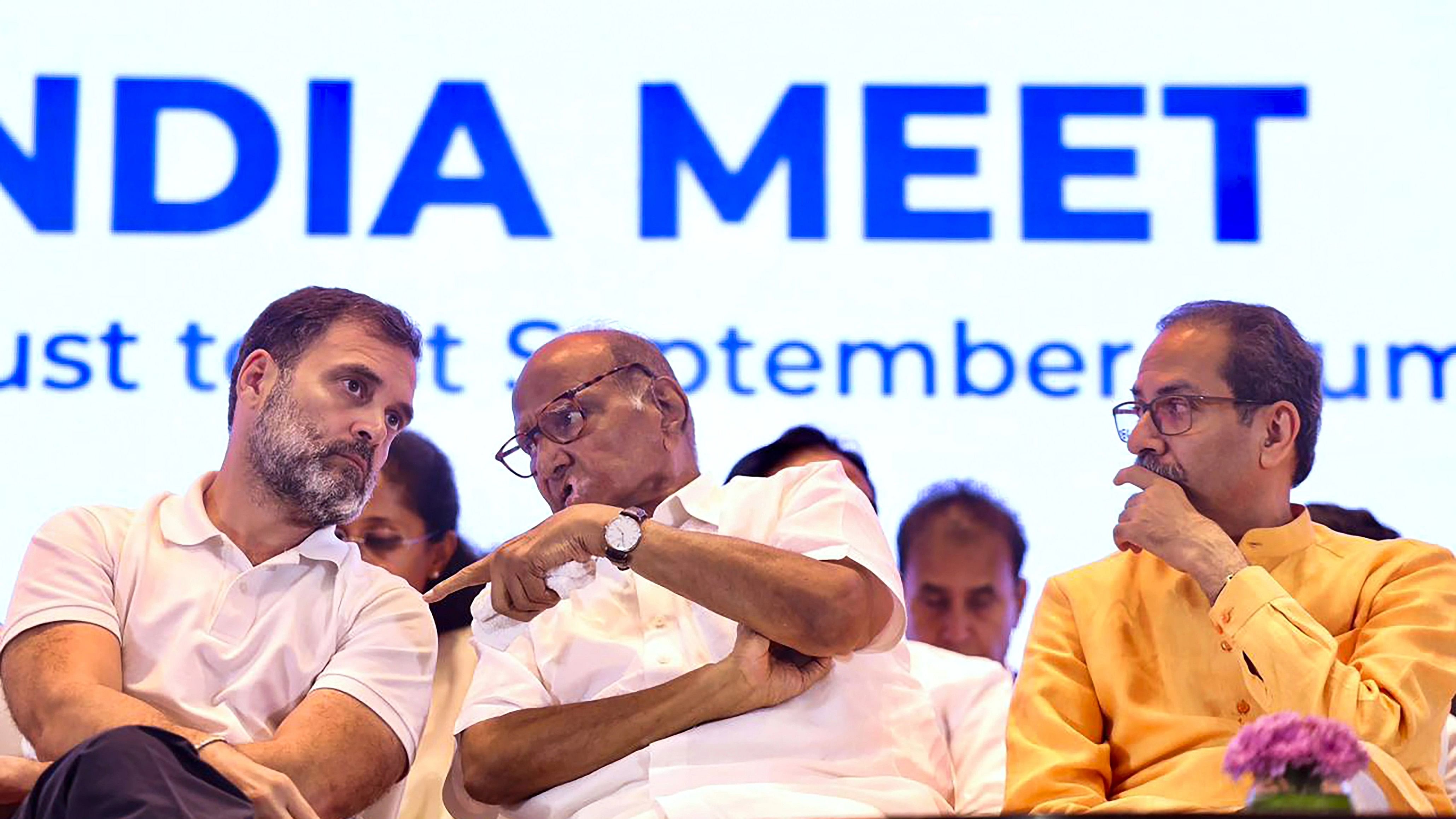 <div class="paragraphs"><p>Nationalist Congress Party chief Sharad Pawar and Shiv Sena (UBT) chief Uddhav Thackeray with Congress leader Rahul Gandhi during the I.N.D.I.A bloc meet in Mumbai.</p></div>