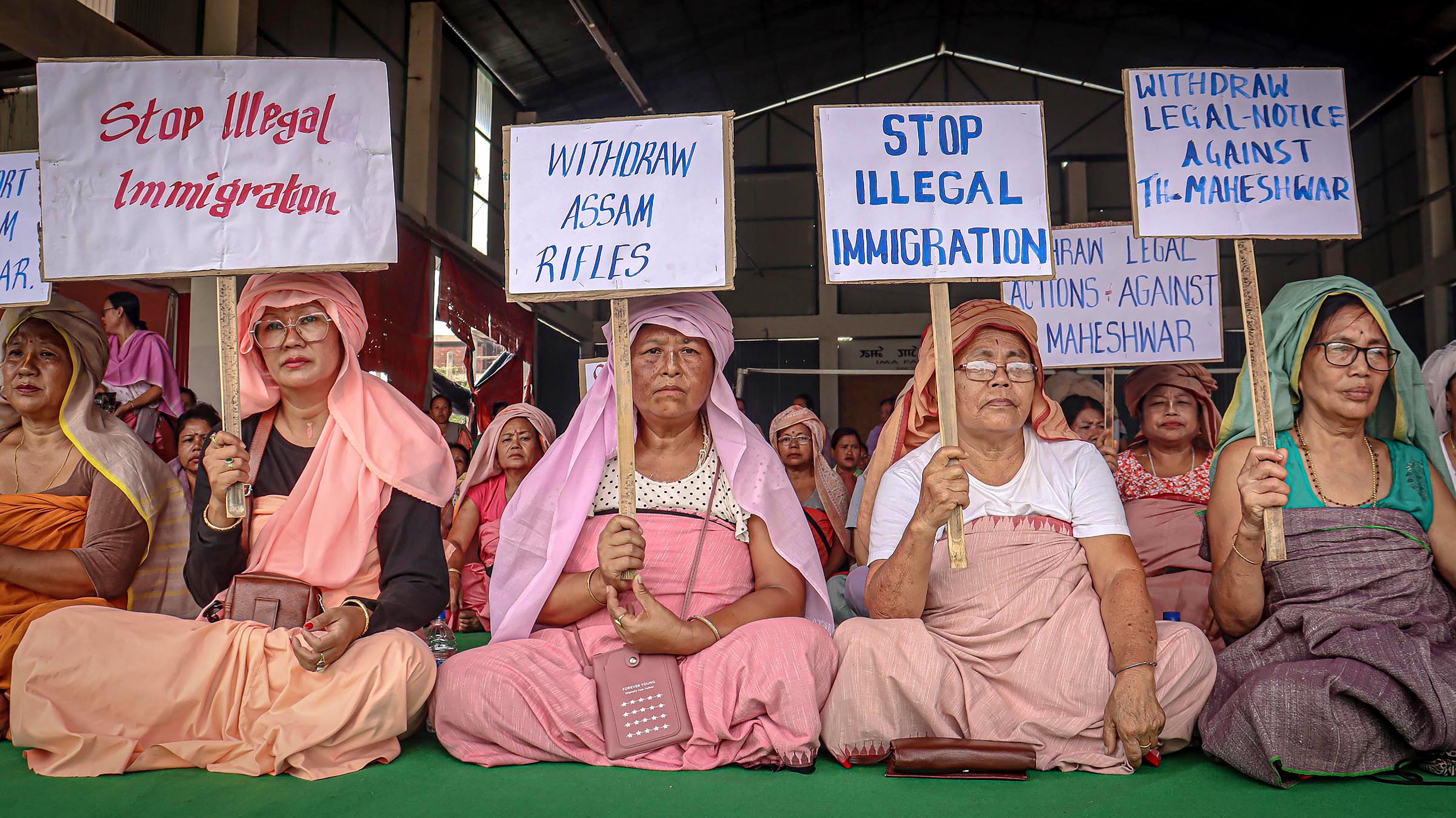 <div class="paragraphs"><p>Women belonging to the 'Meira Paibis,' a group representing the Meitei community, stage a protest.</p></div>