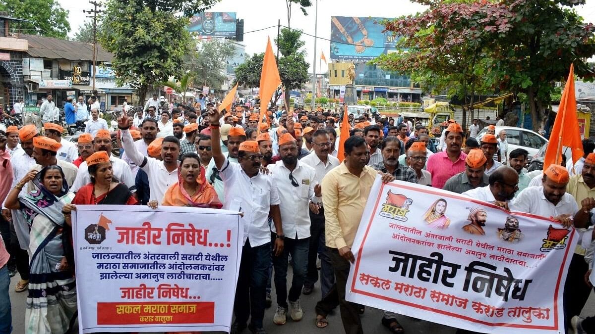 <div class="paragraphs"><p>Maratha Kranti Morcha members stage a protest i various parts of the state against  lathicharge on protestors demanding Maratha reservation on Friday.&nbsp;</p></div>