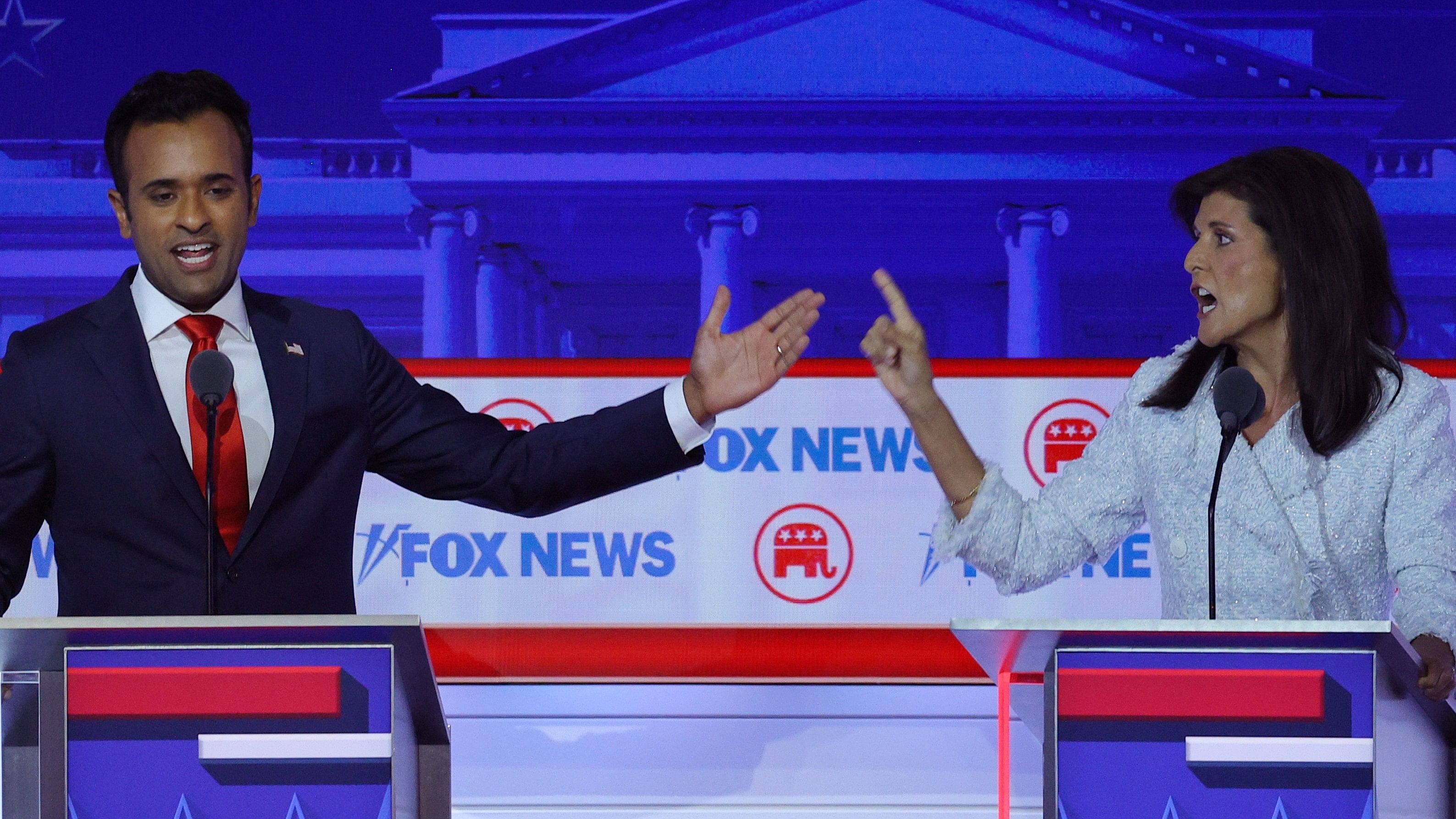 <div class="paragraphs"><p>Vivek Ramaswamy and Nikki Haley debate each other at the first Republican candidates' debate of the 2024 US presidential campaign in Milwaukee, Wisconsin.</p></div>