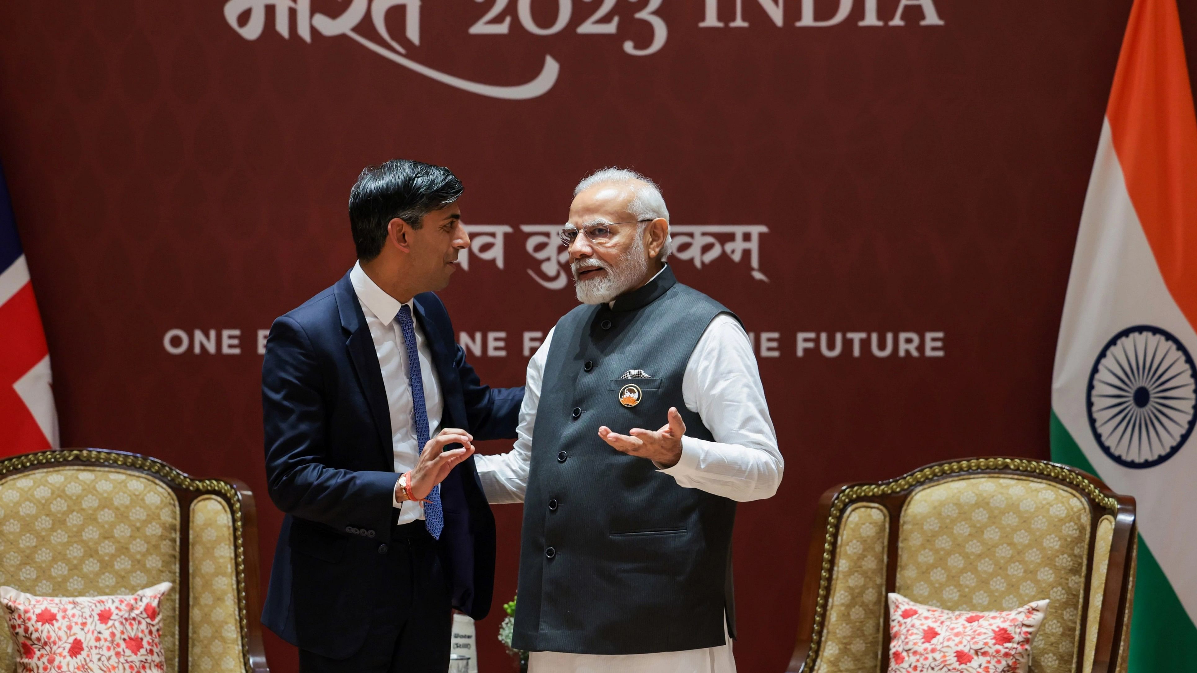 <div class="paragraphs"><p> Prime Minister Narendra Modi with United Kingdom Prime Minister Rishi Sunak during a bilateral meeting, on the sidelines of the G20 Summit 2023, in New Delhi, Saturday, Sept. 9, 2023. </p></div>