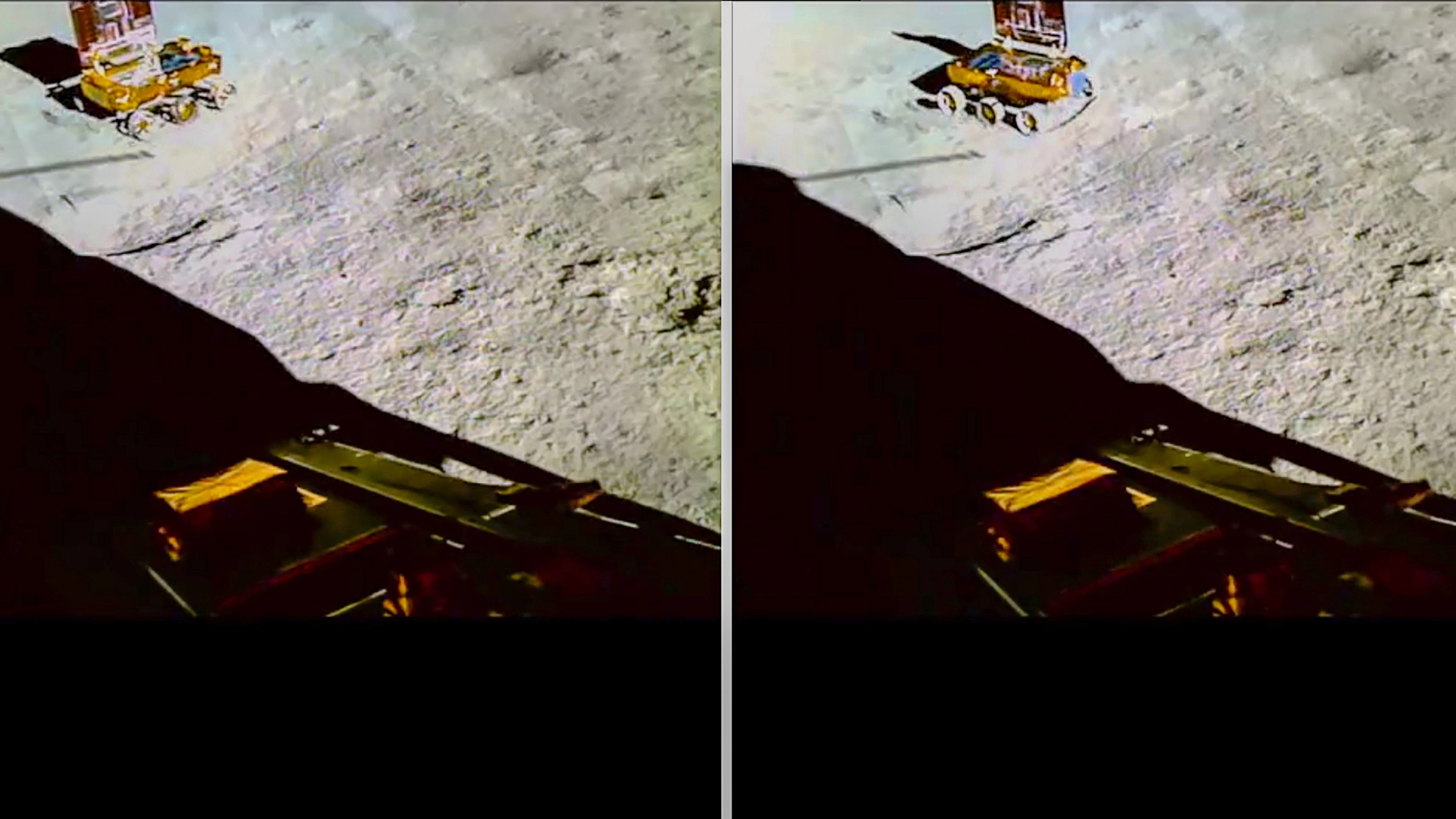 <div class="paragraphs"><p> Pragyan Rovers rotation for a safe route on the surface of the Moon being captured by a Lander Image Camera aboard Vikram Lander as part of ISROs Chandrayaan-3 lunar mission. </p></div>