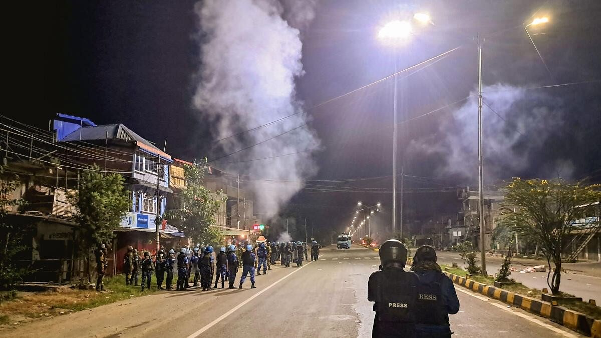 <div class="paragraphs"><p>RAF and CRPF personnel guard after a mob tried to attack the ancestral house of Chief Minister N Biren Singh at Heingang in Imphal East district.</p></div>