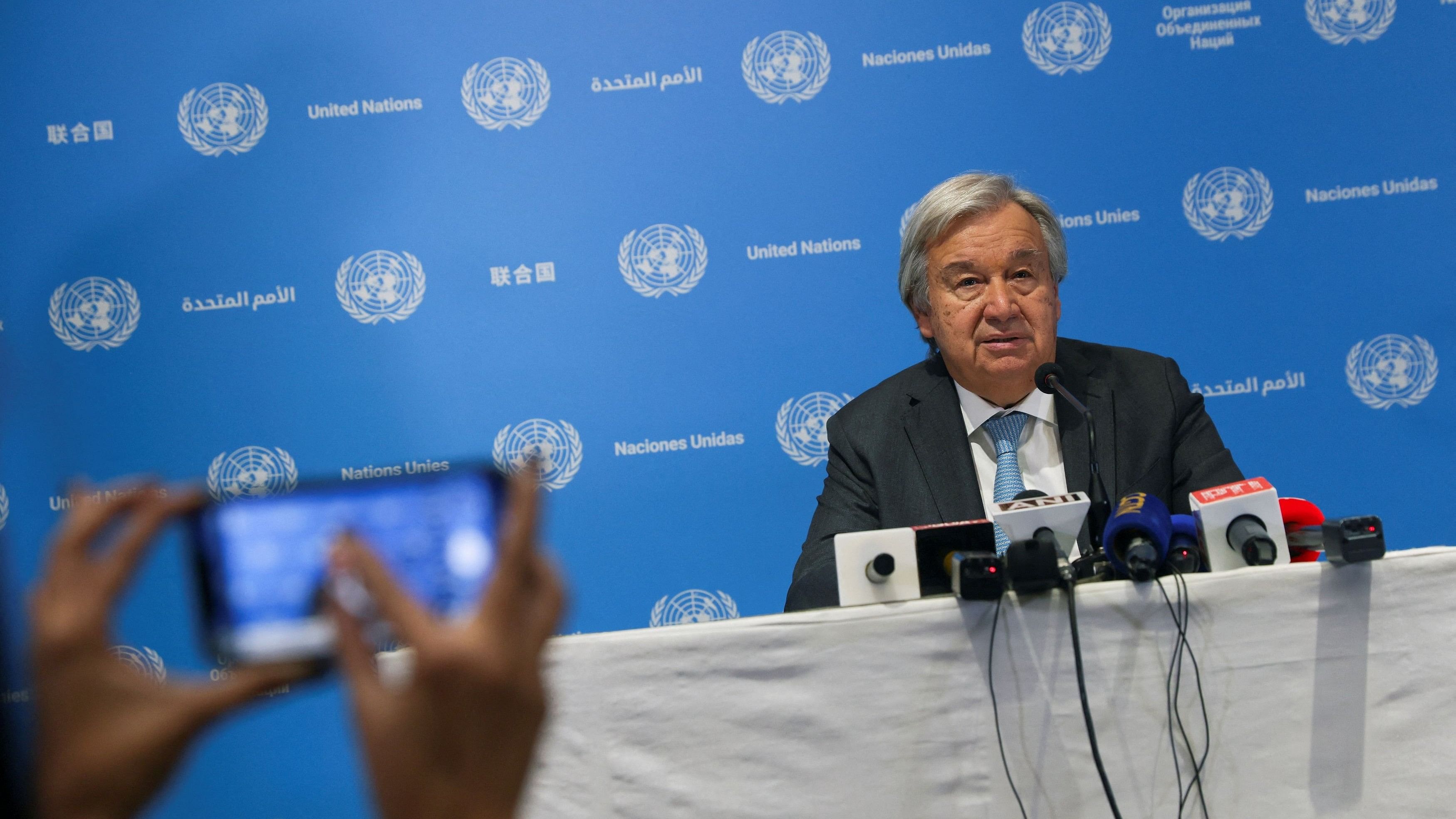 <div class="paragraphs"><p>UN Secretary-General Antonio Guterres holds a press conference, ahead of G20 Summit in New Delhi, India, September 8, 2023. </p></div>