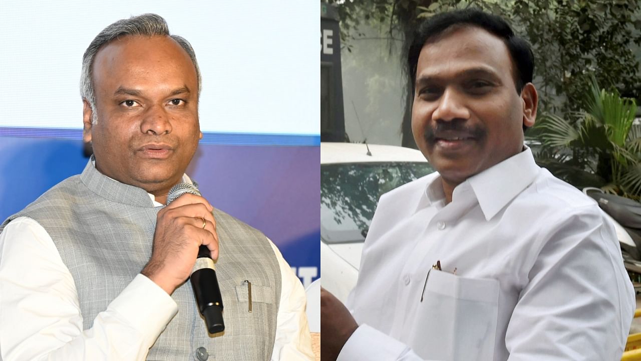 <div class="paragraphs"><p>DMK MP A Raja (R) and Congress leader Priyank Kharge.</p></div>