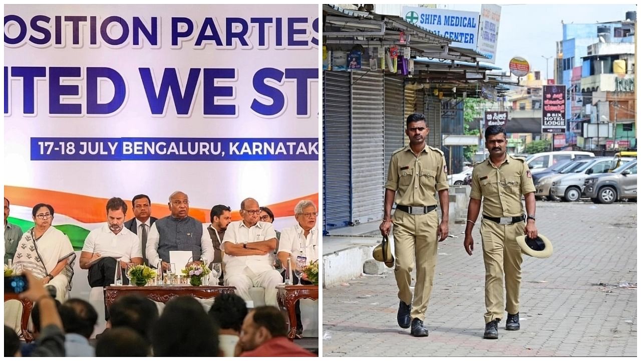 <div class="paragraphs"><p>Opposition leaders at a press conference in Bengaluru on July 18, where the Opposition parties named their new alliance I.N.D.I.A/&nbsp;Policeman during Bengaluru Bandh.</p></div>