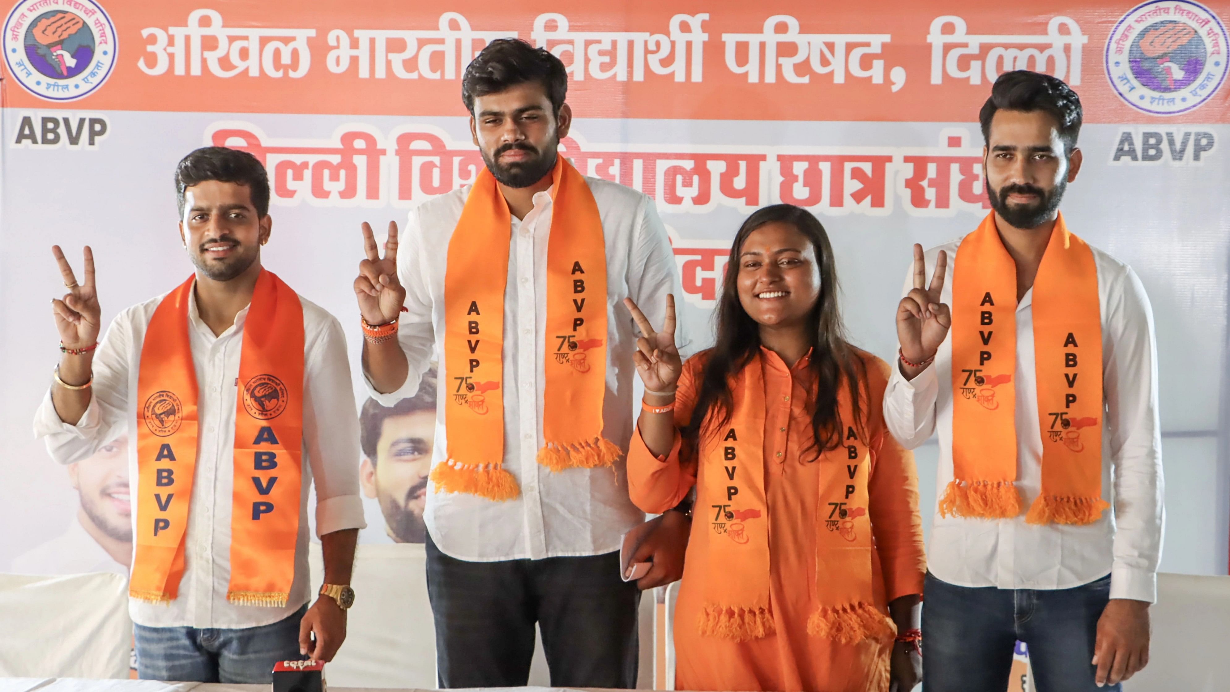 <div class="paragraphs"><p>Akhil Bharatiya Vidhyarthi Parishad (ABVP) candidates Tushar Dedha for President's post, Sushant Dhankar for Vice President post, Aprajita for the post of Secretary and Sachin Baisla for Joint Secretary post during a press conference on DUSU 2023 elections, in New Delhi.</p></div>