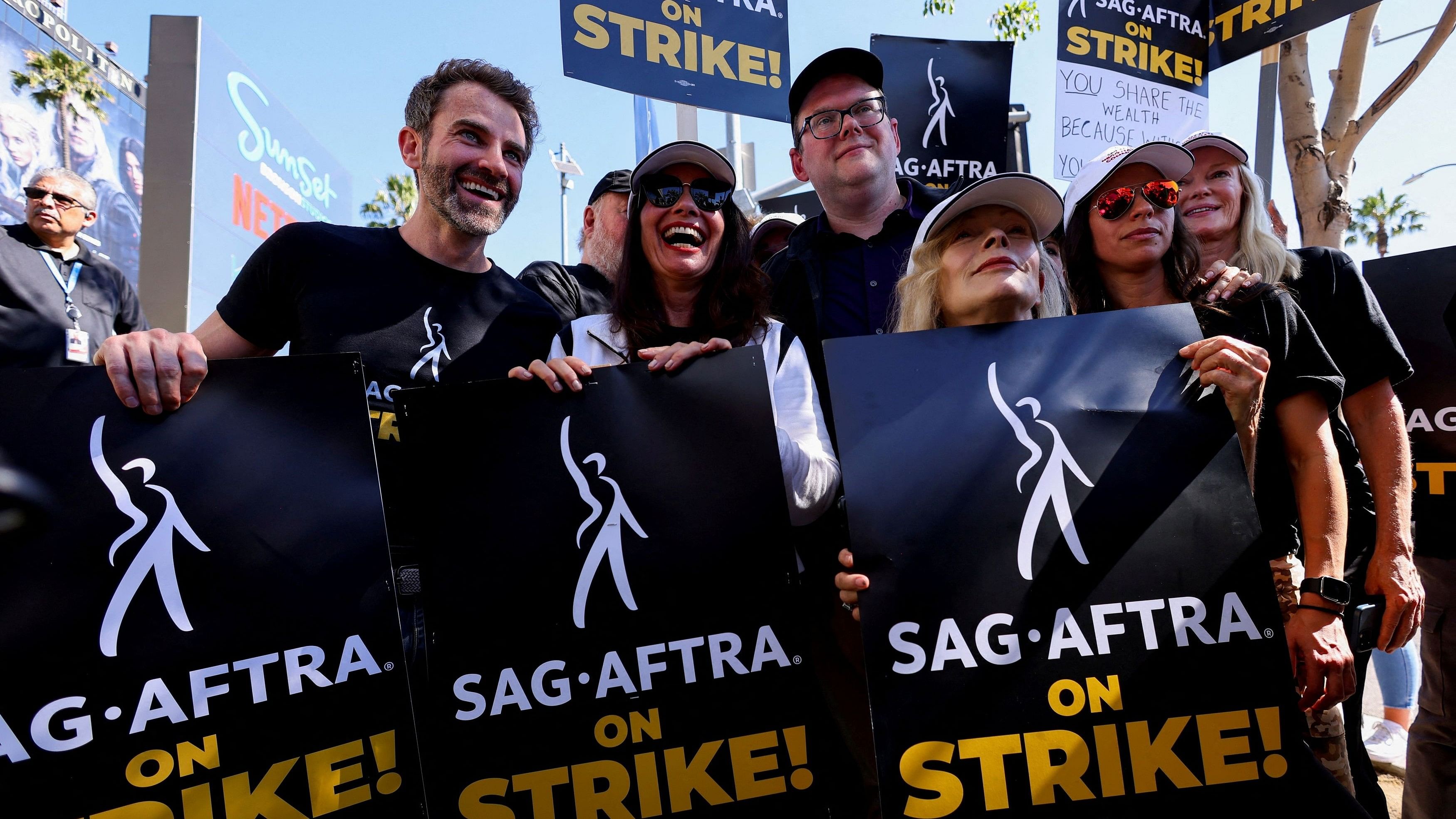 <div class="paragraphs"><p>SAG-AFTRA union President Fran Drescher and Duncan Crabtree-Ireland, SAG-AFTRA National Executive Director and Chief Negotiator, demonstrate as SAG-AFTRA actors join the Writers Guild of America  in a strike against the Hollywood studios, on the picket like outside of Netflix offices in Los Angeles, California, July 14, 2023.   </p></div>