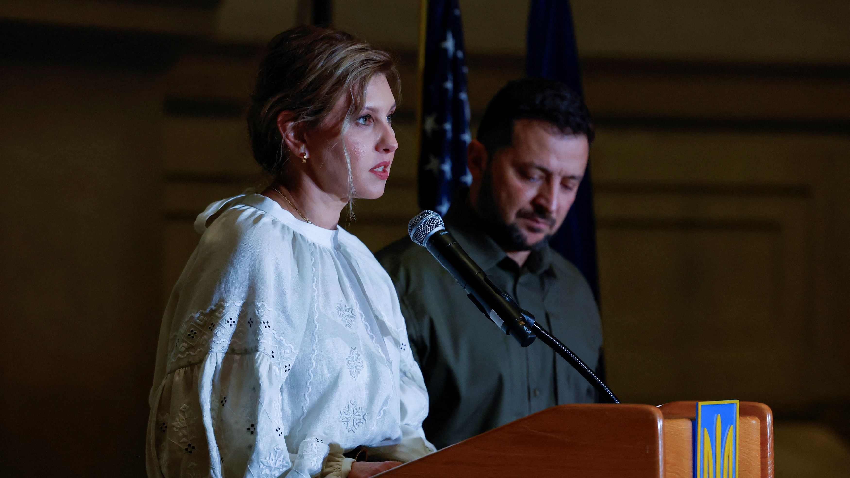 <div class="paragraphs"><p>Olena Zelenska, the wife of Ukraine President Volodymyr Zelenskiy thanks Americans for their support of Ukraine in the war with Russia, during a speech at the National Archives in Washington, U.S., September 21, 2023.</p></div>