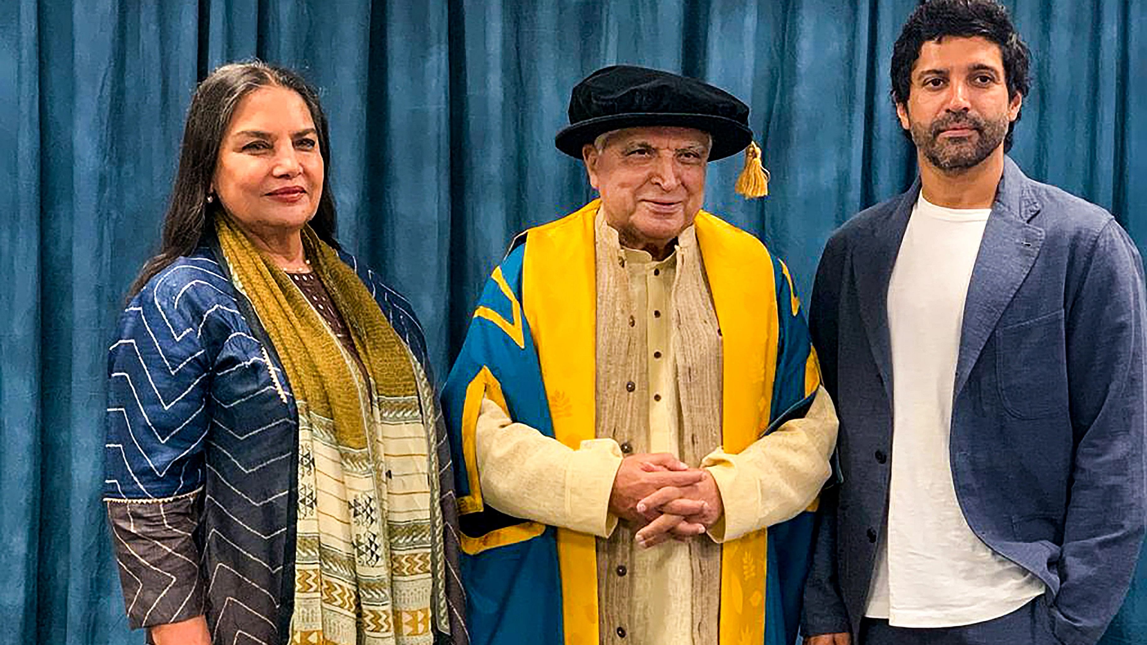 <div class="paragraphs"><p>Poet &amp; lyricist Javed Akhtar with his wife Shabana Azmi and son Farhan Akhtar after receiving his Honorary Doctorate by SOAS University of London, Thursday, Sept. 7, 2023. </p></div>