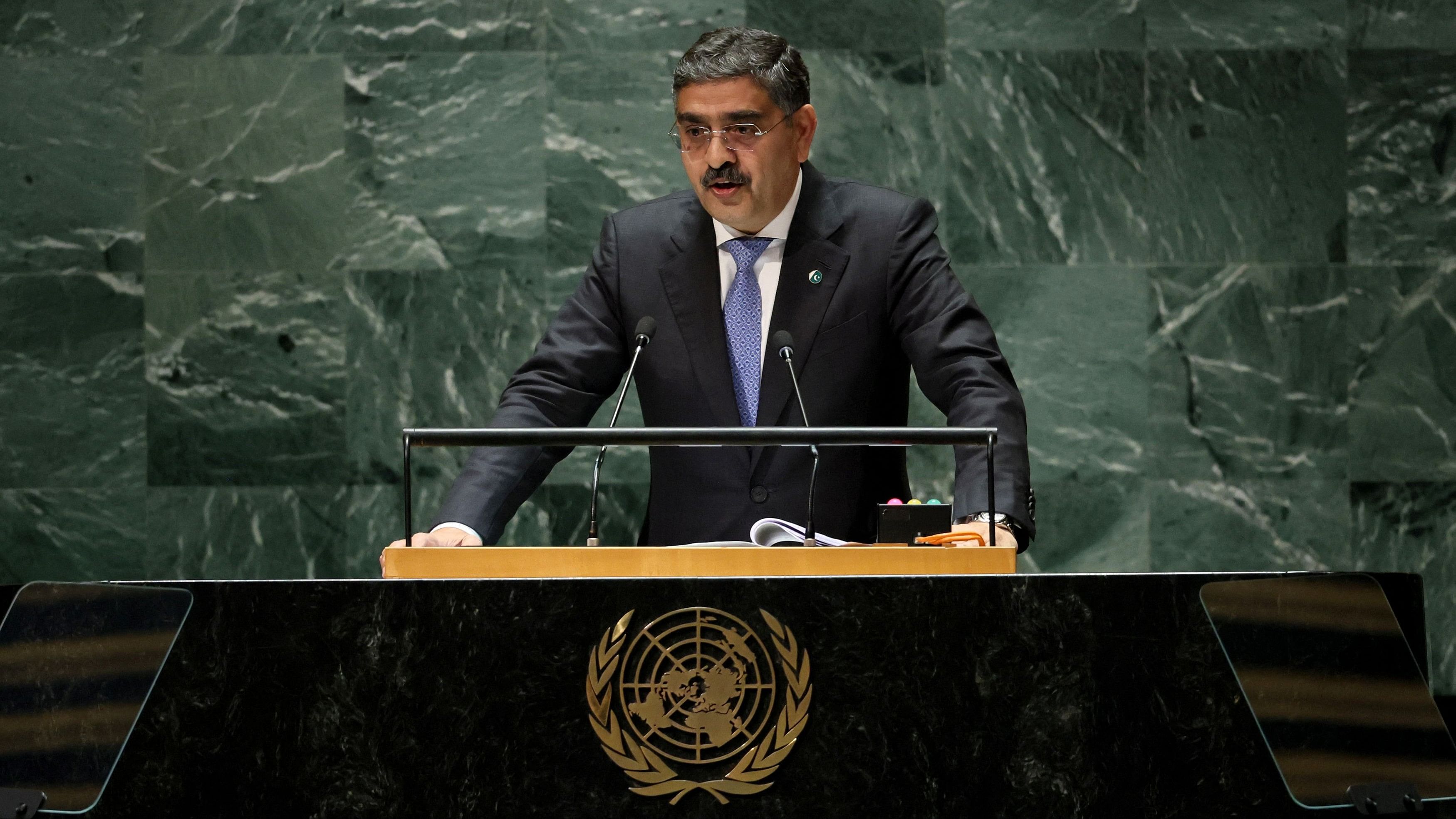 <div class="paragraphs"><p>Prime Minister of Pakistan Anwaar-ul-Haq Kakar addresses the 78th Session of the UN General Assembly in New York City, US, September 22, 2023.</p></div>