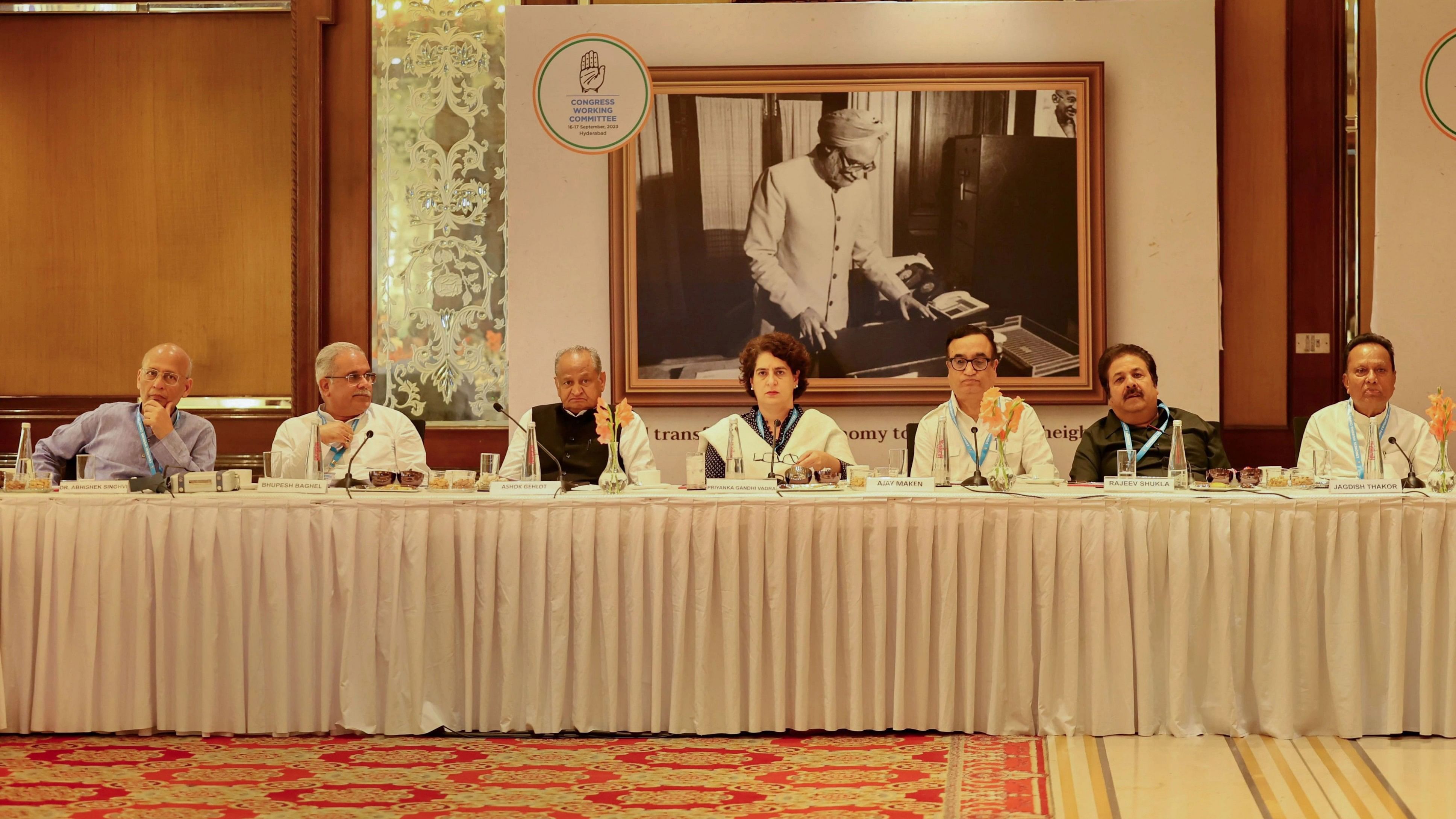 <div class="paragraphs"><p>Congress General Secretary Priyanka Gandhi, Rajasthan Chief Minister Ashok Gehlot, Chhattisgarh Chief Minister Bhupesh Baghel, party leaders Abhishek Sighvi, Ajay Maken, Rajeev Shukla and others during Congress Working Committee Meeting, in Hyderabad, Saturday, Sept. 16, 2023. </p></div>