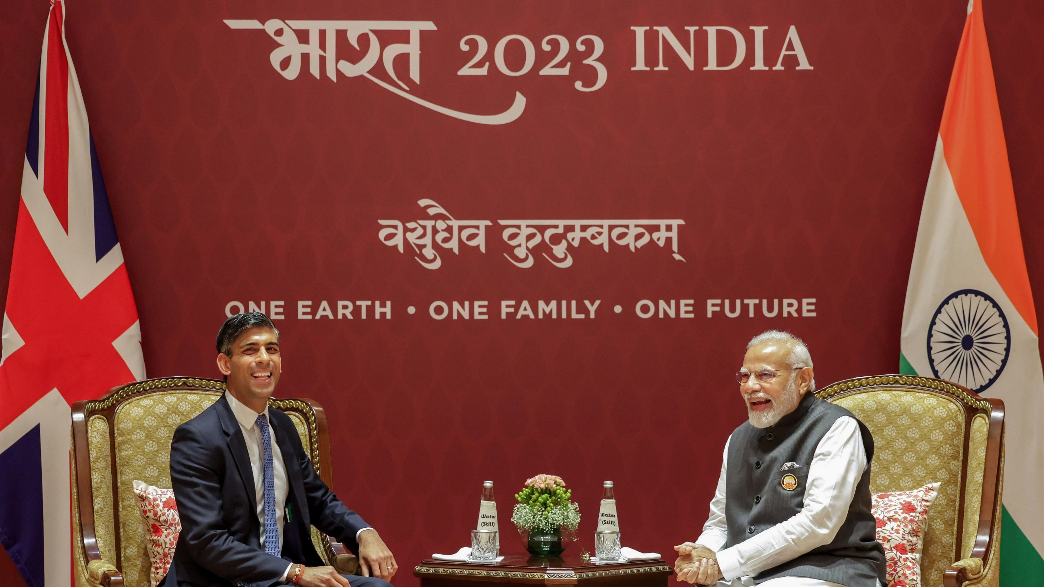 <div class="paragraphs"><p> Prime Minister Narendra Modi with United Kingdom Prime Minister Rishi Sunak during a bilateral meeting, on the sidelines of the G20 Summit 2023.</p></div>