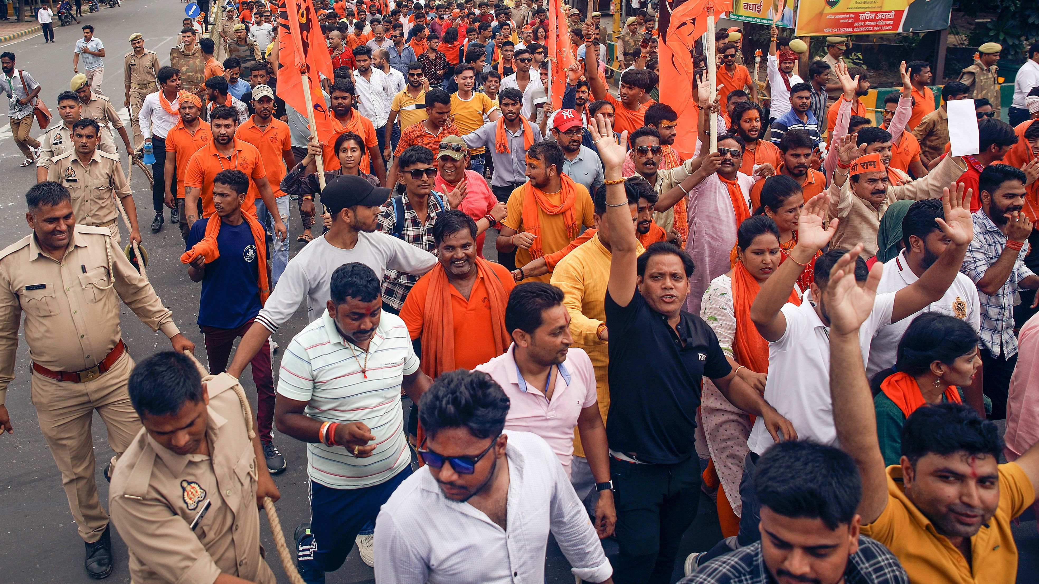 <div class="paragraphs"><p>Vishva Hindu Parishad (VHP) and Bajrang Dal supporters take part in a protest march against the violence that erupted in Haryana's Nuh district, in Noida, Wednesday, Aug 2, 2023.</p></div>