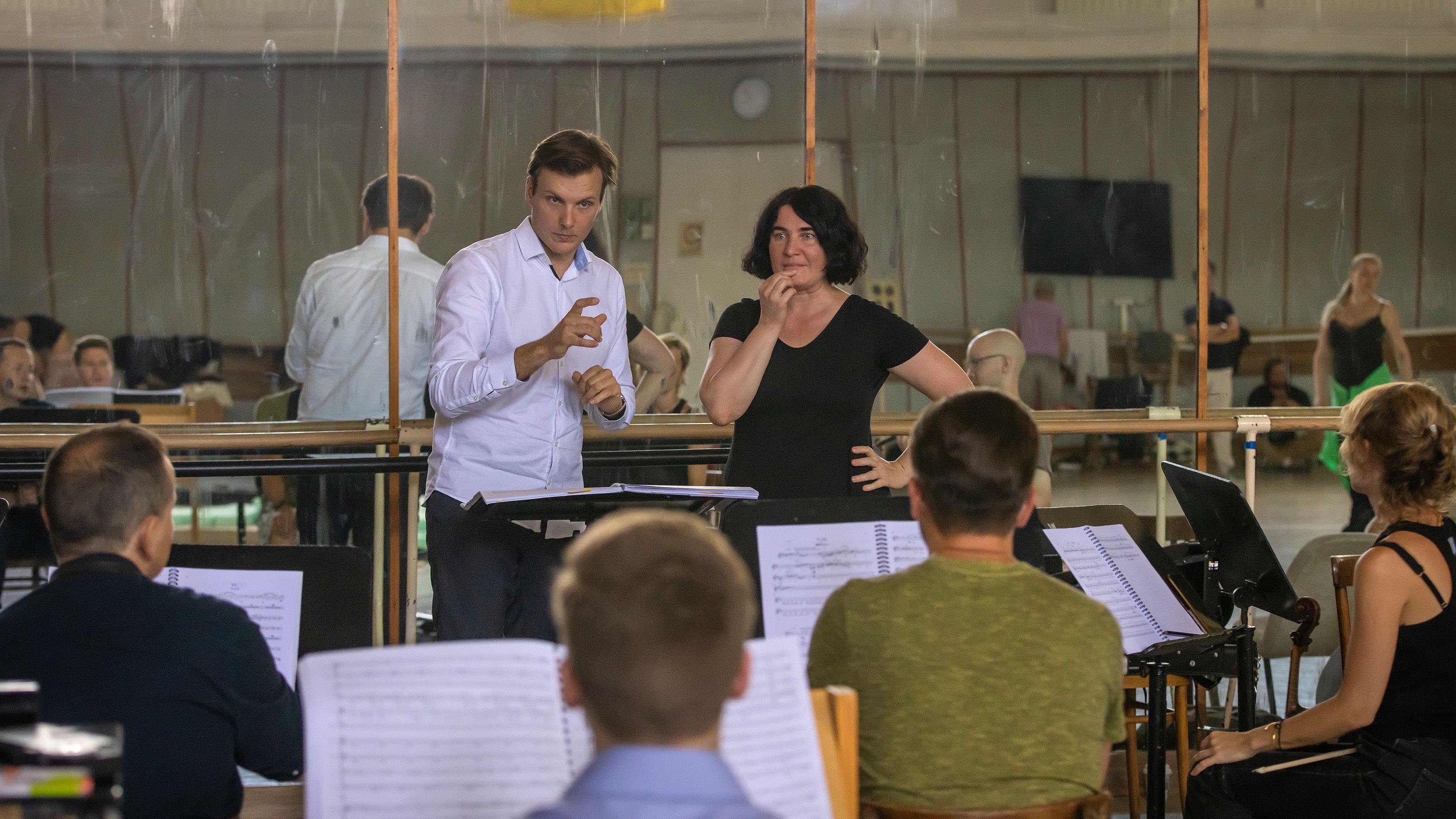 <div class="paragraphs"><p>The conductor Vitali Alekseenok and the composer Olga Podgaiskaya rehearsing with musicians from the Five-Storey Ensemble, in preparation for “King Stakh’s Wild Hunt.”</p></div>
