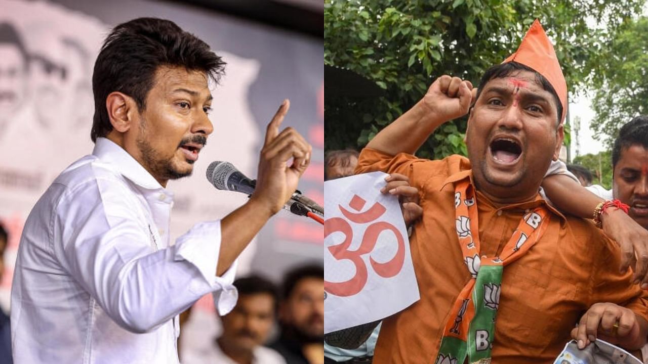 <div class="paragraphs"><p>Udhayanidhi Stalin (left) and BJP protesting his remark (right).</p></div>