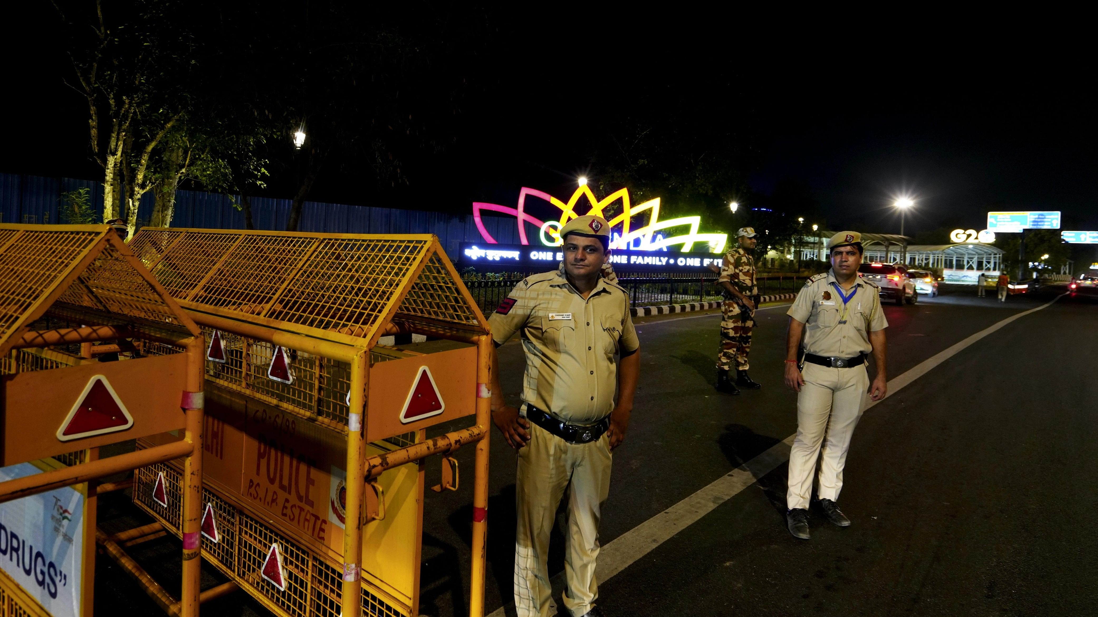 <div class="paragraphs"><p>Security personnel stand guard near Pragati Maidan ahead of the G20 Summit, in New Delhi.  </p></div>