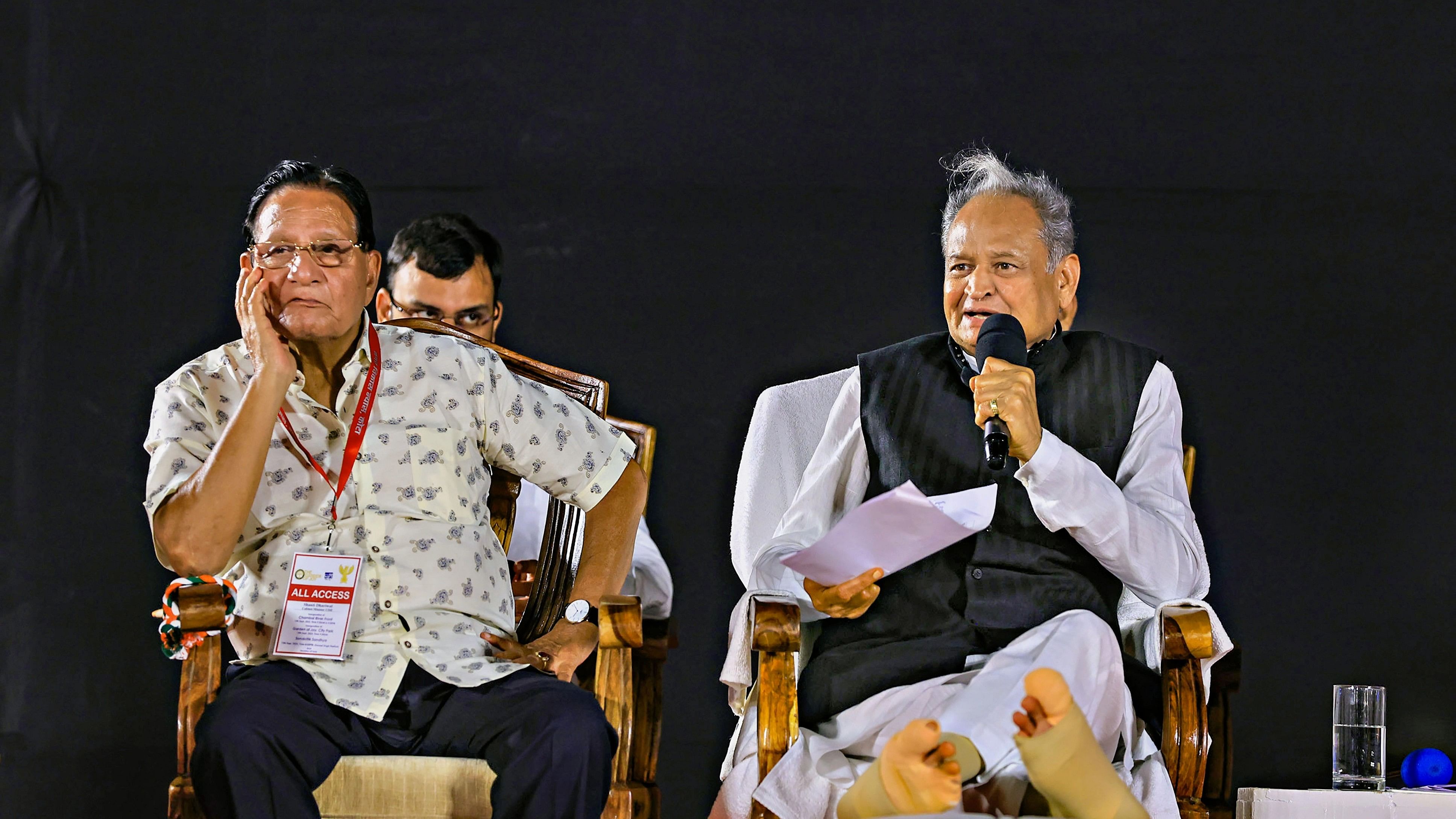 <div class="paragraphs"><p>Kota: Rajasthan Chief Minister Ashok Gehlot with State UDH Minister Shanti Kumar Dhariwal addresses a press conference after the inauguration of City Park, in Kota, Rajasthan, Wednesday, Sept. 13, 2023.</p></div>