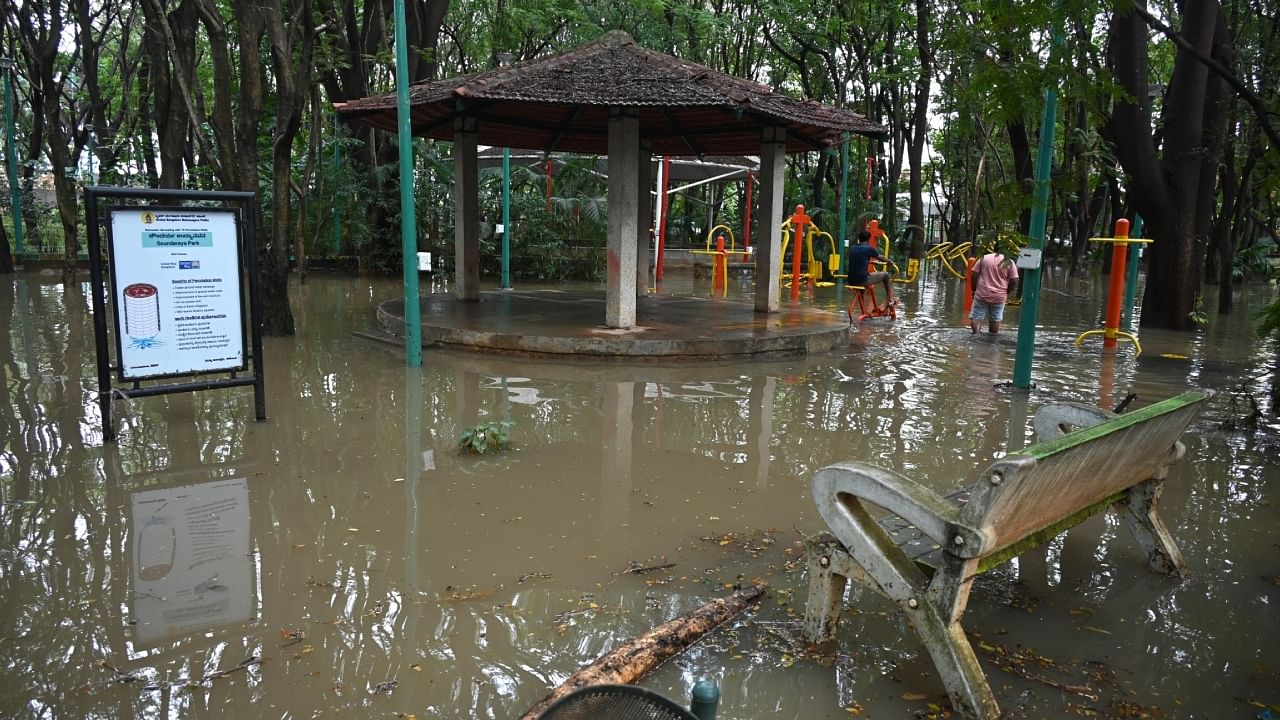 <div class="paragraphs"><p>A waterlogged Soundarya Park at Dollars Colony on Friday, following a heavy downpour the previous night.&nbsp;</p></div>