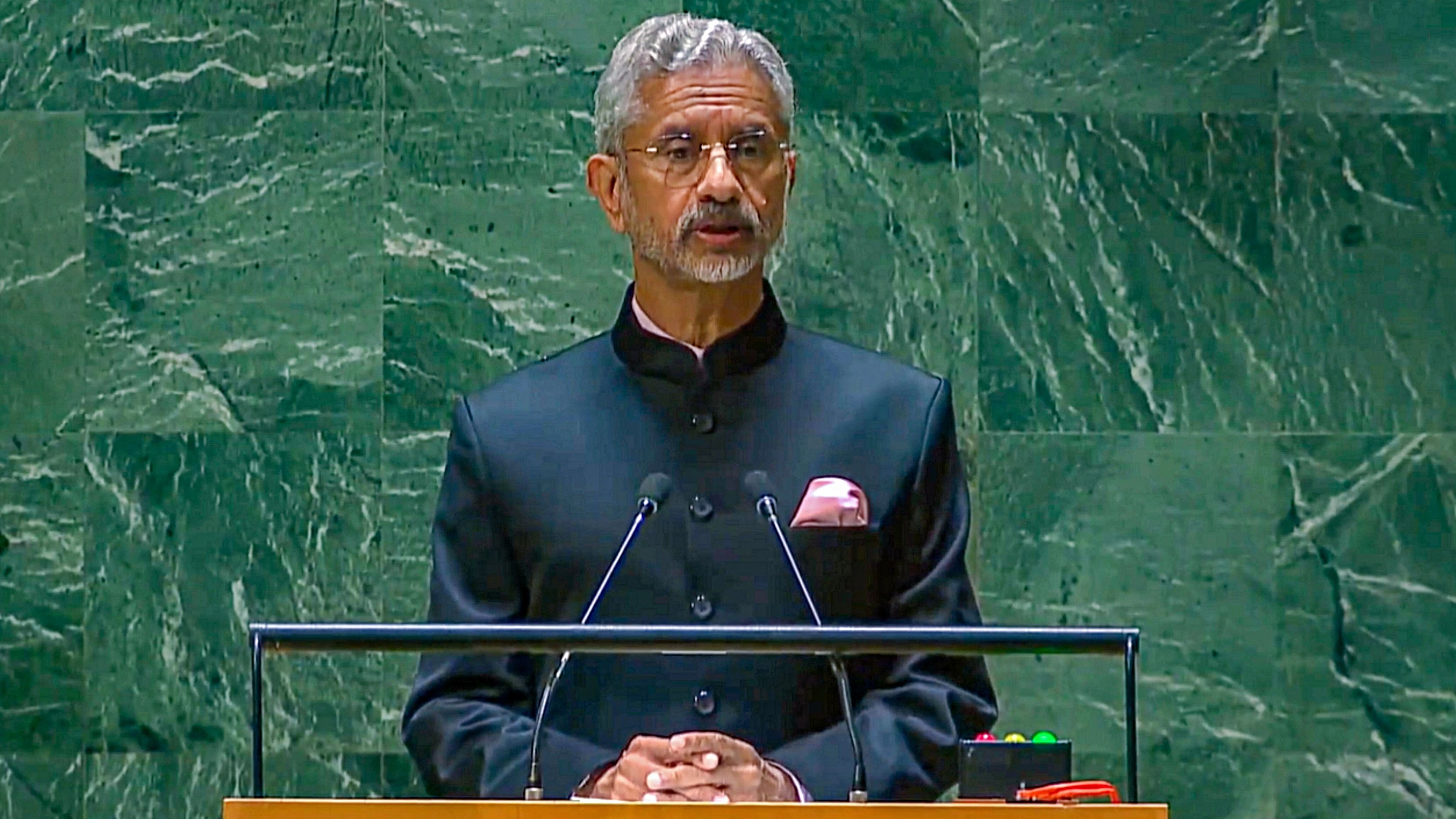 <div class="paragraphs"><p>External Affairs Minister S Jaishankar speaks at the General Debate of the 78th session of United Nations General Assembly, in New York, Tuesday, Sept. 26, 2023.</p></div>