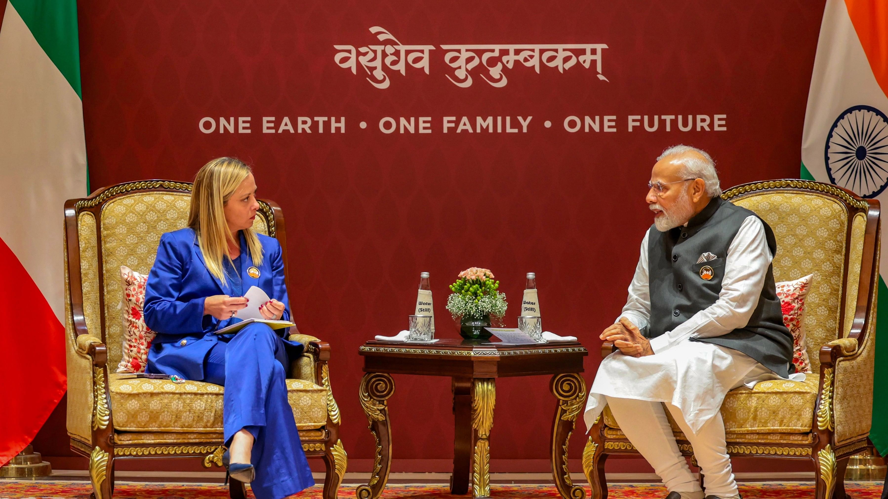 <div class="paragraphs"><p>**EDS: IMAGE VIA @narendramodi** New Delhi: Prime Minister Narendra Modi with Prime Minister of Italy Giorgia Meloni during a bilateral meeting, on the sidelines of the G20 Summit 2023, in New Delhi, Saturday, Sept. 9, 2023. </p></div>