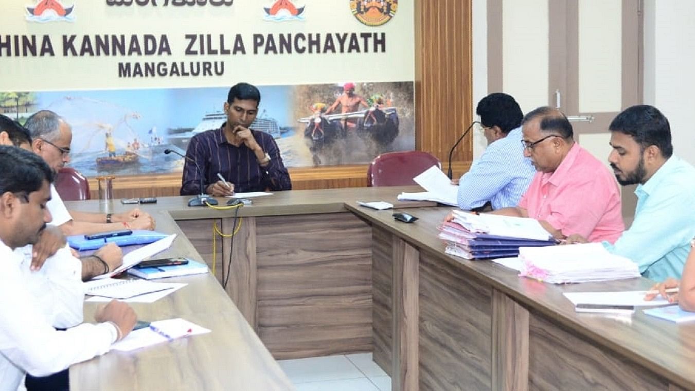 Dakshina Kannada Zilla Panchayat (DKZP) Chief Executive Officer (CEO) Dr Anand seen  presiding over the district rural drinking Water and Sanitation Mission meeting at zilla panchayat hall in DKZP premises in Mangaluru on Thursday.