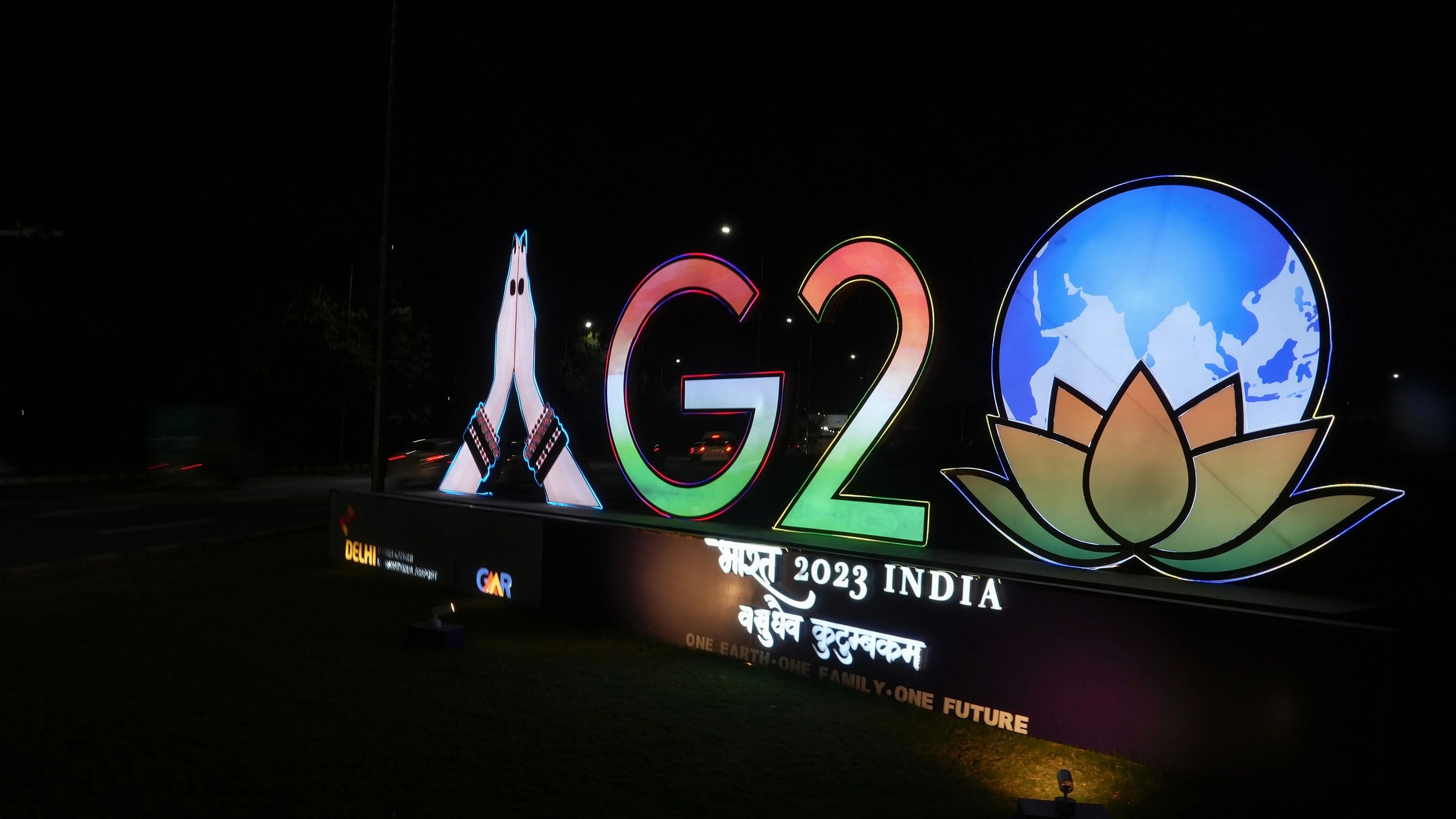 <div class="paragraphs"><p>G20 logo displayed in New Delhi.</p></div>