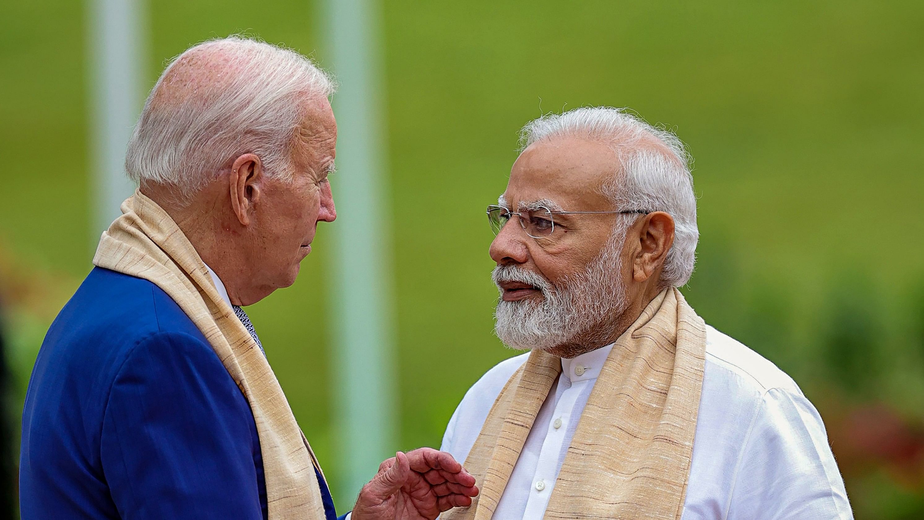 <div class="paragraphs"><p>Prime Minister Narendra Modi with US President Joe Biden at Mahatma Gandhi's memorial Rajghat on the final day of the G20 Summit, in New Delhi, Sunday, Sept. 10, 2023.</p></div>