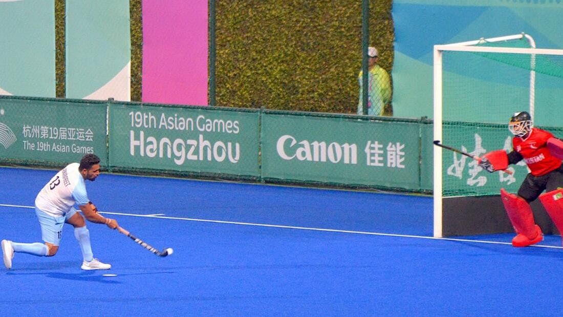 <div class="paragraphs"><p>Harmanpreet Singh takes a shot during the hockey match against Pakistan at the 19th Asian Games, in Hangzhou, China, Saturday, Sept. 30, 2023. India beat Pakistan 10-2.</p></div>
