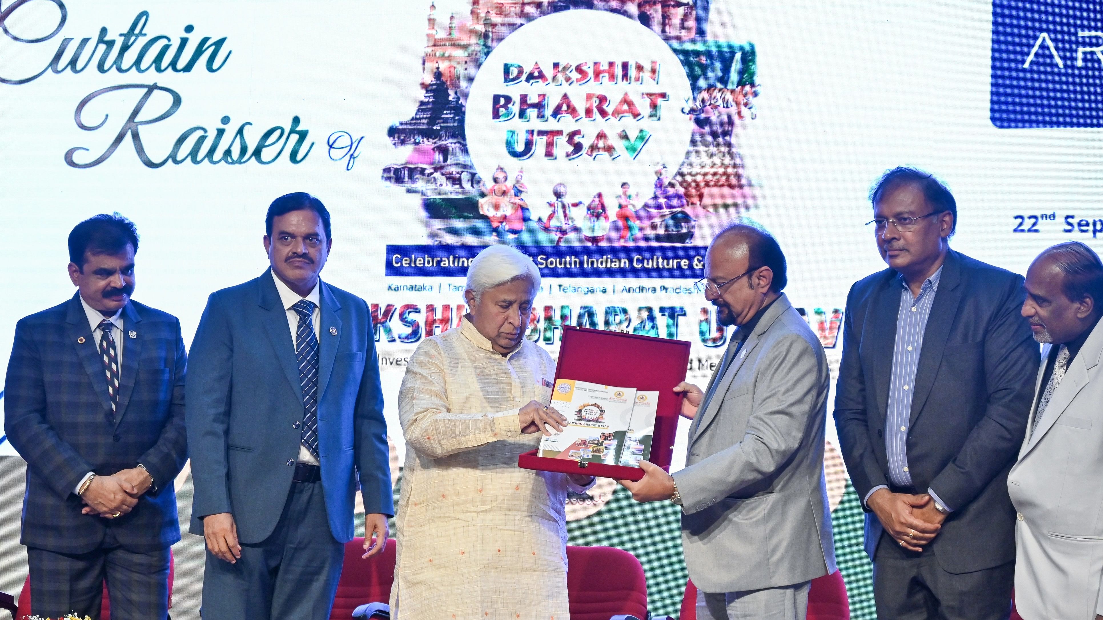 Karnataka Law, Parliamentary Affairs, Legislation and Tourism Minister HK Patil releases the brochure of Dakshin Bharat Utsav in Bengaluru on Friday. 