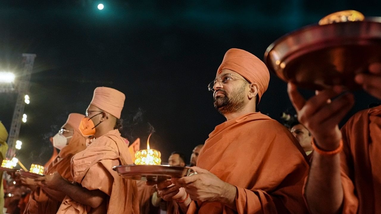 <div class="paragraphs"><p>Swaminarayan Saints offer prayers to  Lord Hanuman, in Botad, Gujarat. </p></div>