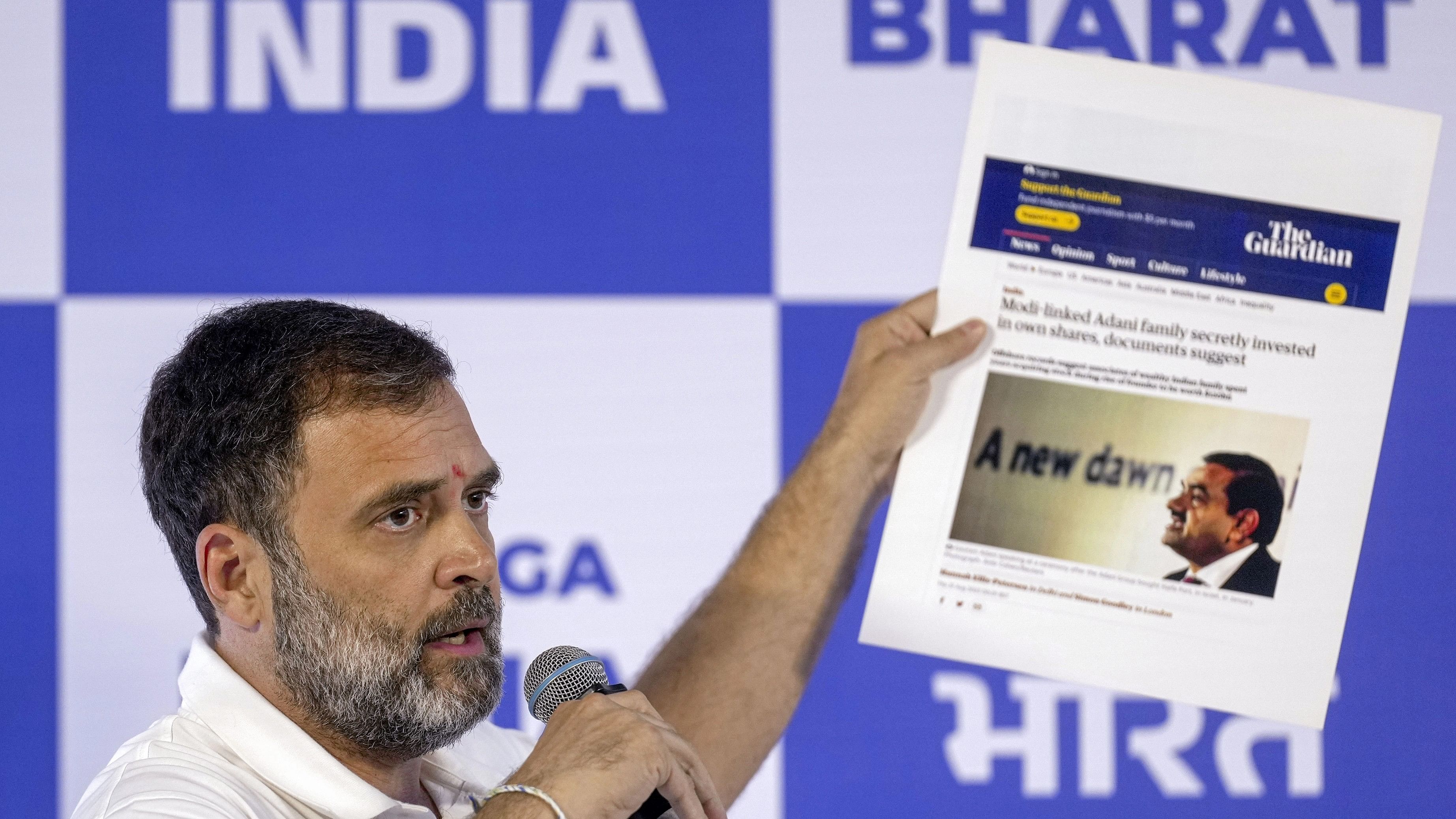 <div class="paragraphs"><p>Congress leader Rahul Gandhi addresses a press conference in Mumbai.</p></div>