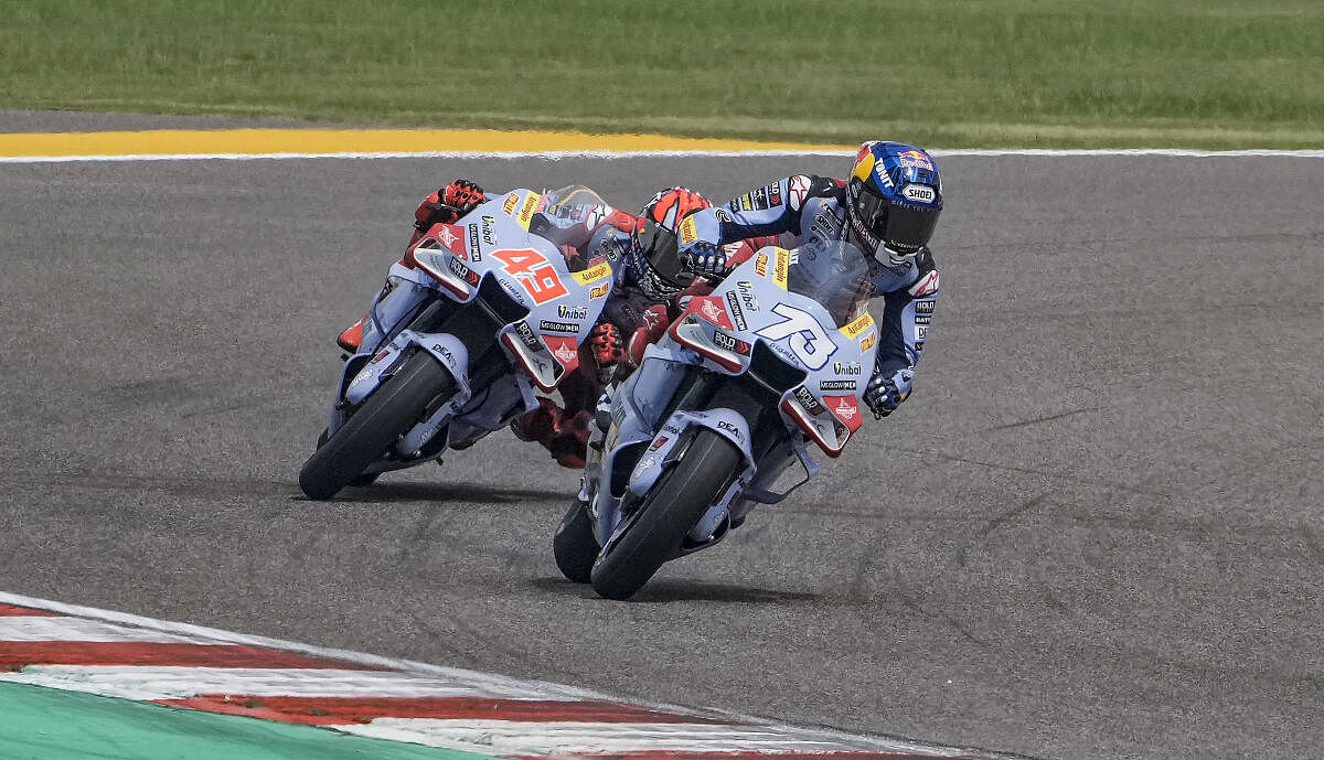 <div class="paragraphs"><p>Alex Marquez (73) and Fabio Di Giannantonio (49) of Gresini Racing MotoGP during a free practice session ahead of Grand Prix of India at the Buddh International Circuit, in Greater Noida, Friday.</p></div>