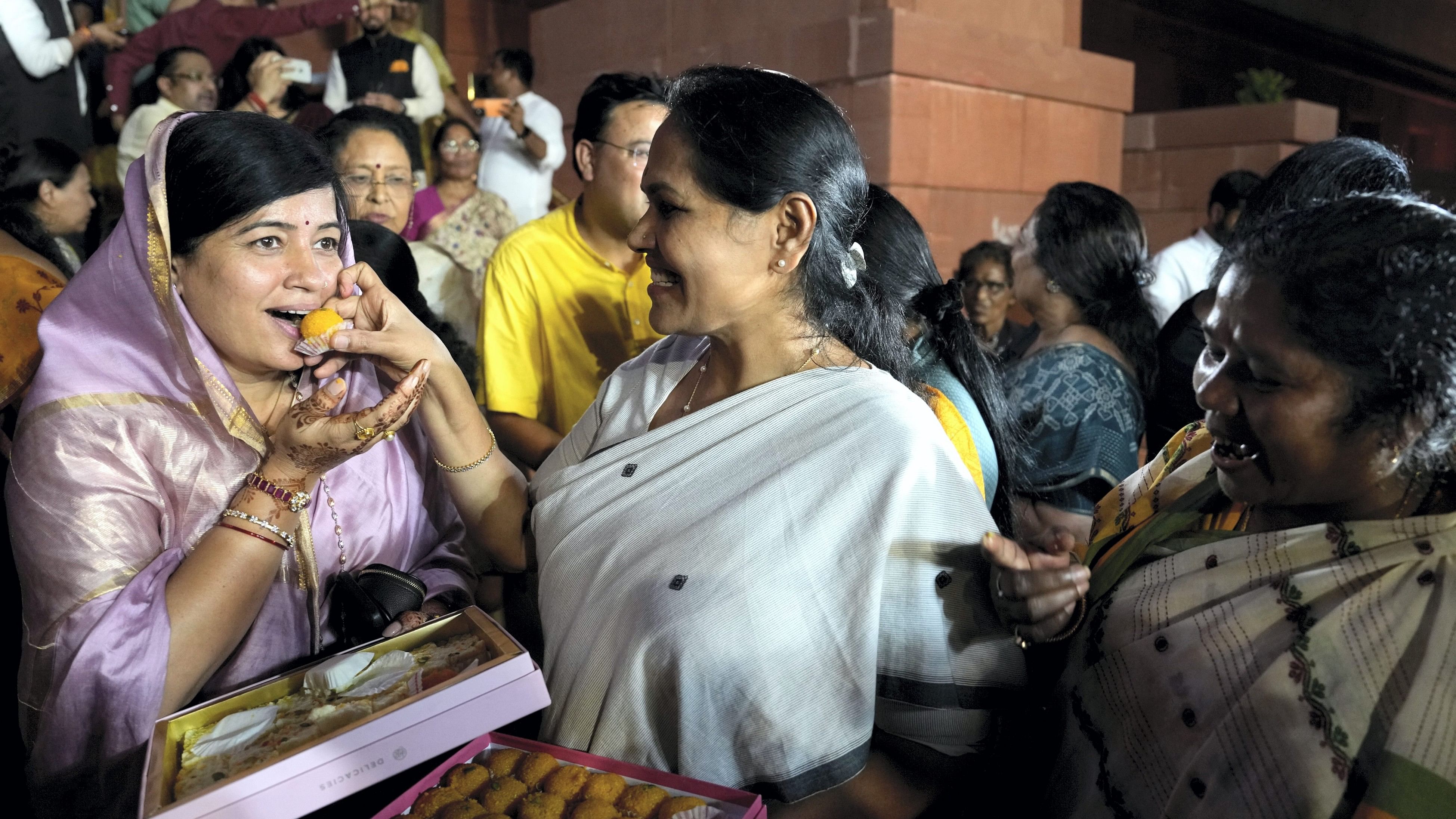 <div class="paragraphs"><p>Women MPs celebrate after the passage of the Nari Shakti Vandana Adhiniyam earlier this week. </p></div>