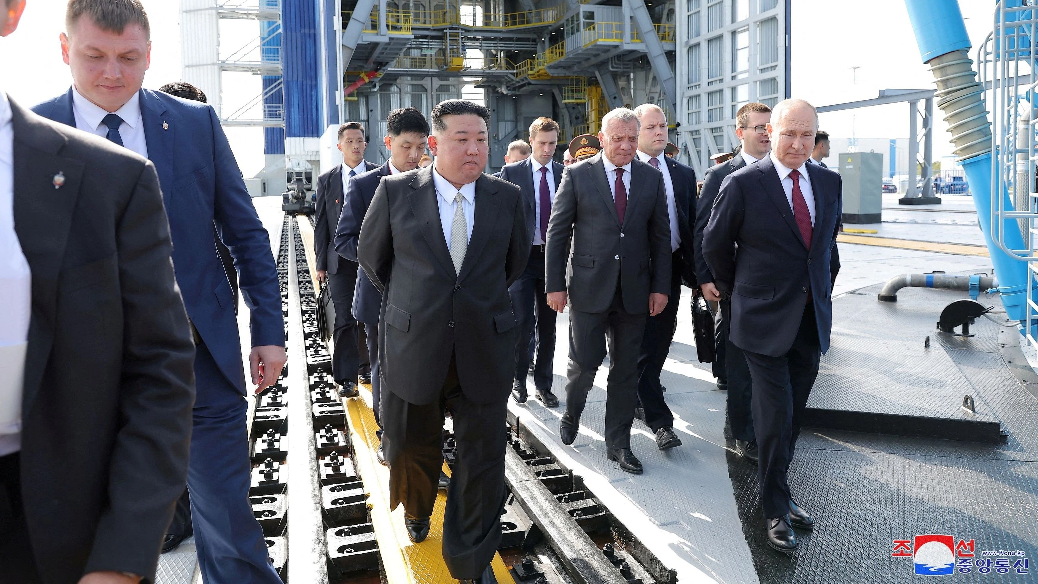 <div class="paragraphs"><p>North Korean leader Kim Jong Un and Russia's President Vladimir Putin at the Vostochny Cosmodrome in the Amur Oblast of the Far East Region, Russia.</p></div>