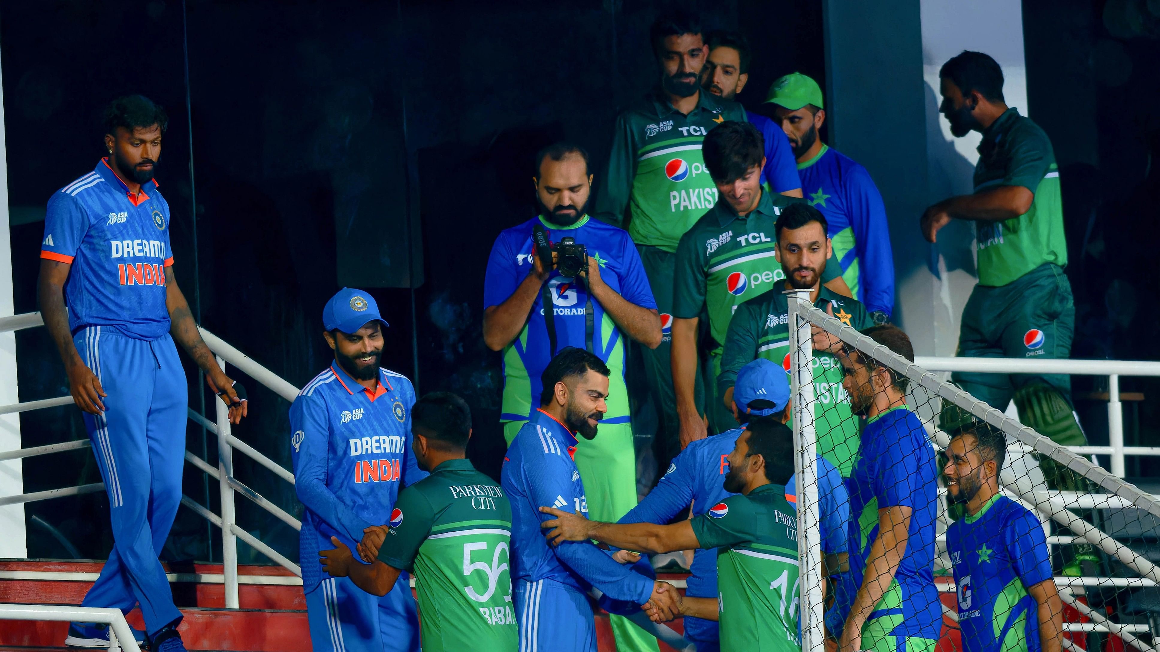 <div class="paragraphs"><p>Indian and Pakistani players great each other after their Asia Cup match was called off due to rain, at Pallekele International Cricket Stadium in Sri Lanka, Saturday, Sept. 2, 2023. </p></div>