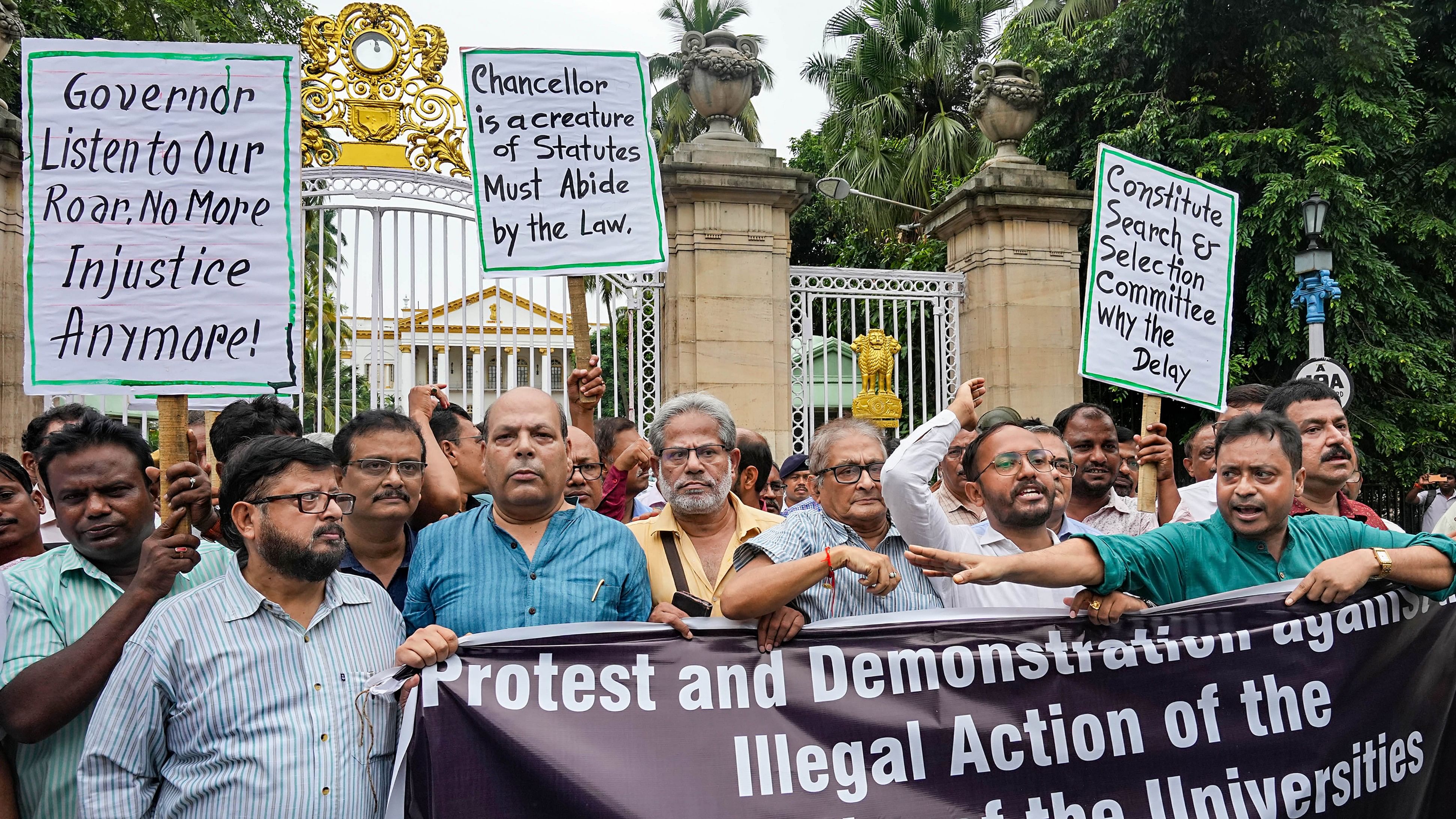 <div class="paragraphs"><p>Members of Educationists' Forum of Bengal protest outside the Governor house against the alleged illegal action of the Chancellor of the Universities, in Kolkata, Friday, Sept. 8, 2023.</p></div>