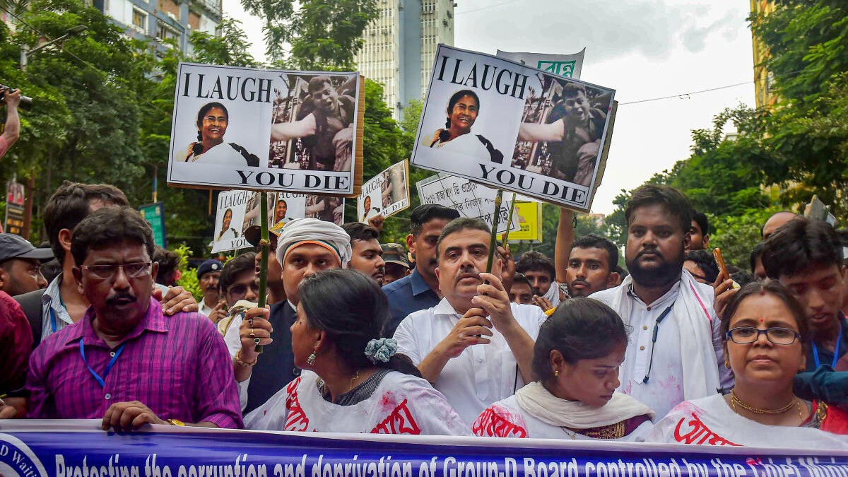 <div class="paragraphs"><p>BJP's Suvendu&nbsp;Adhikari at the job seekers' protest.</p></div>