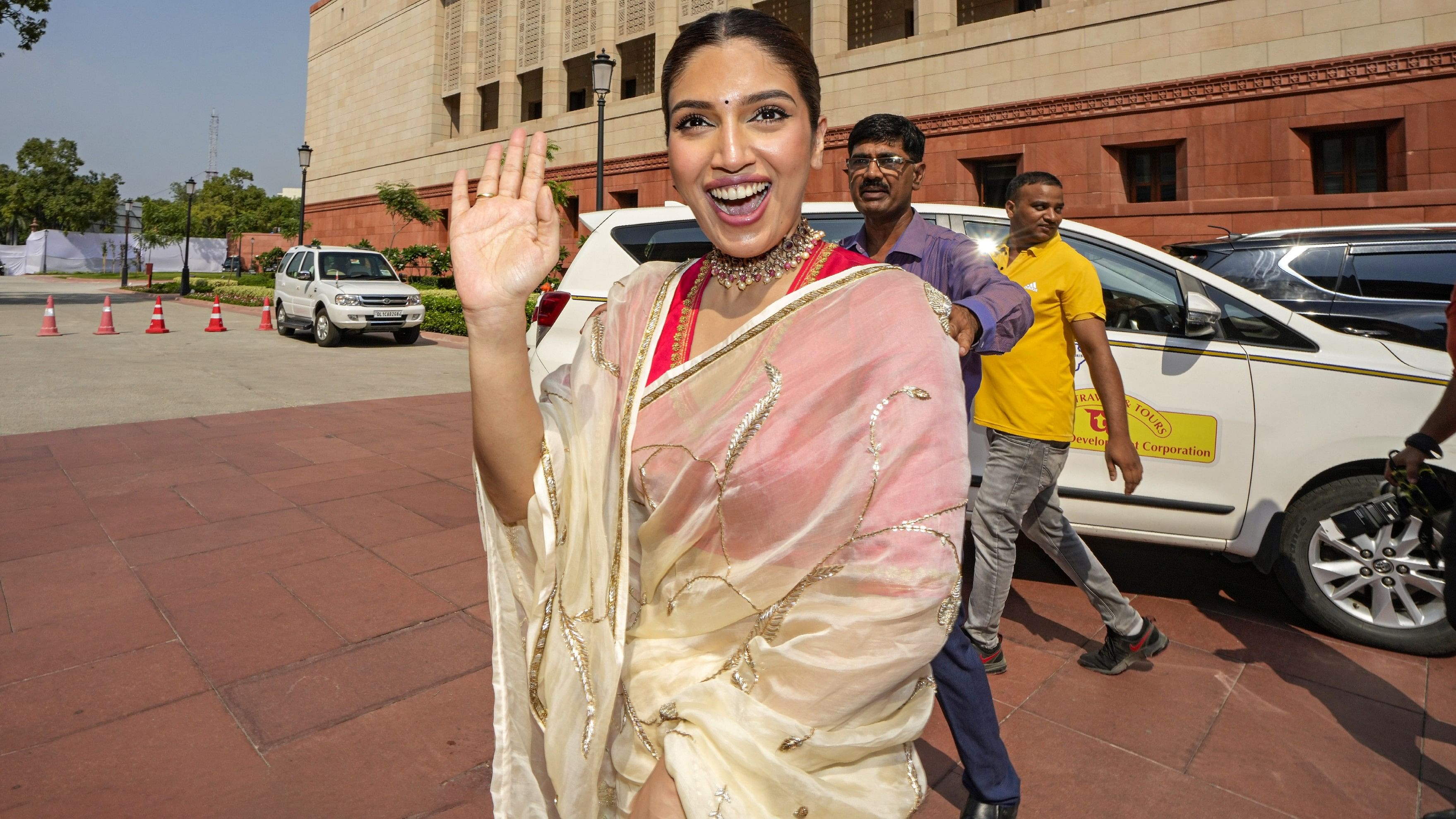 <div class="paragraphs"><p>Bhumi Pednekar at&nbsp;the new Parliament Building, in Delhi.</p></div>