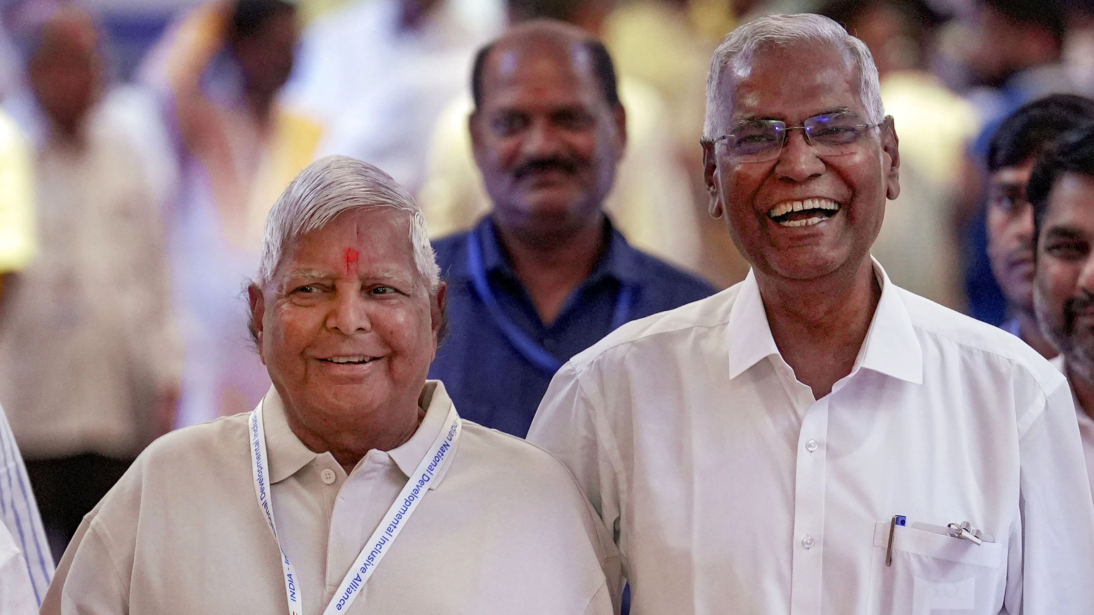 <div class="paragraphs"><p>RJD leader Lalu Prasad Yadav along with Communist Party of India leader  D Raja arrives for the I.N.D.I.A alliance meeting, at a hotel in Mumbai, Thursday, Aug. 31, 2023. </p></div>