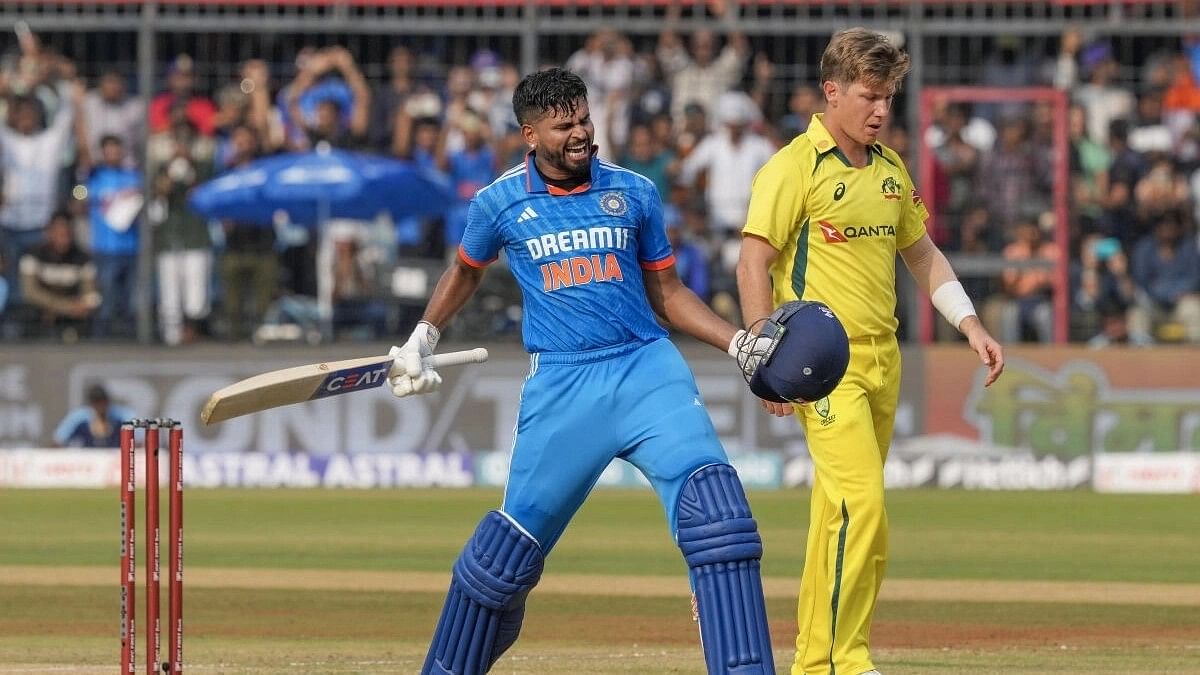 <div class="paragraphs"><p>Shreyas Iyer celebrates after scoring a century during the second ODI cricket match between India and Australia, at Holkar Stadium in Indore.&nbsp;</p></div>