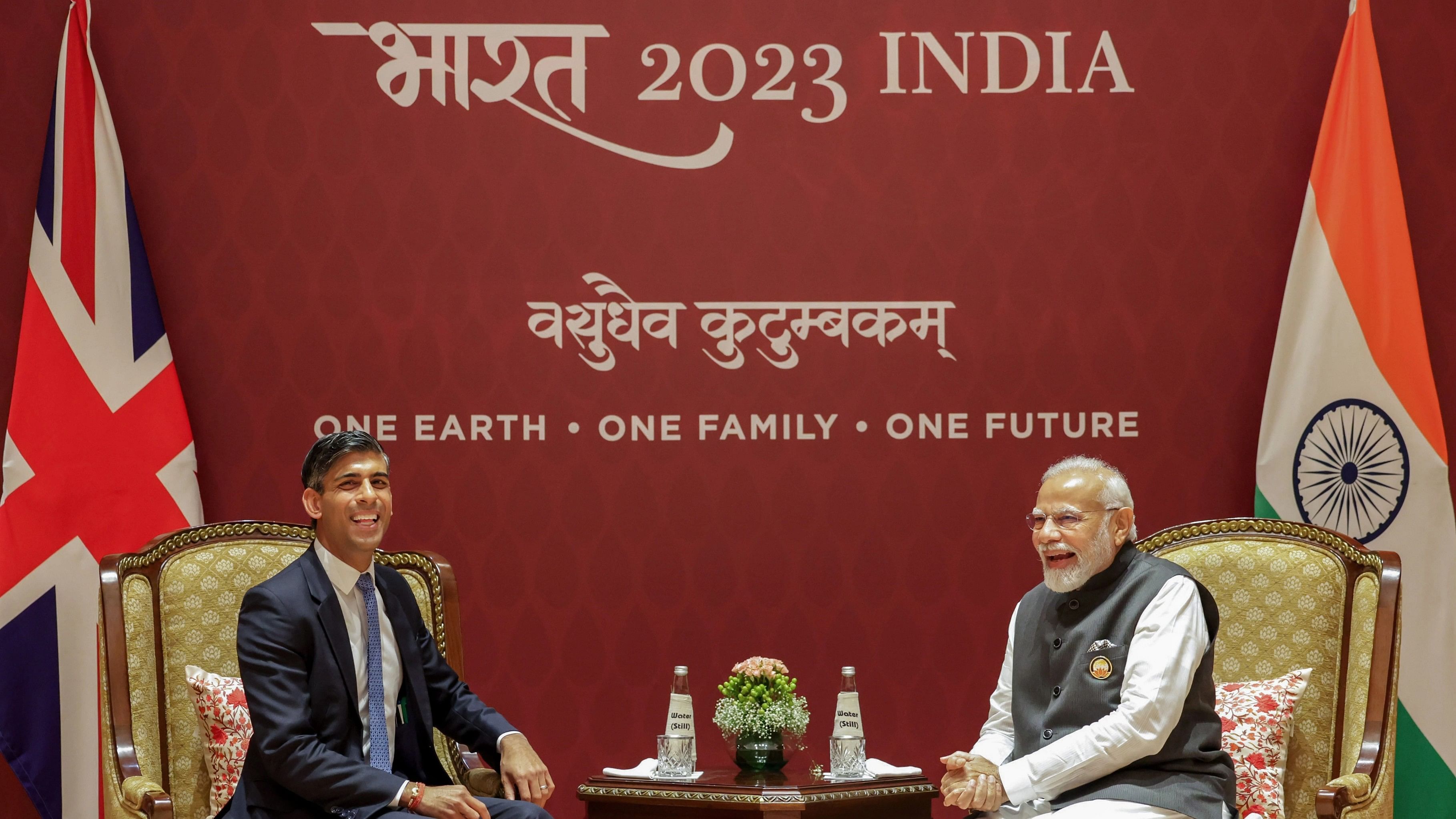 <div class="paragraphs"><p> Prime Minister Narendra Modi with United Kingdom Prime Minister Rishi Sunak during a bilateral meeting, on the sidelines of the G20 Summit 2023.</p></div>