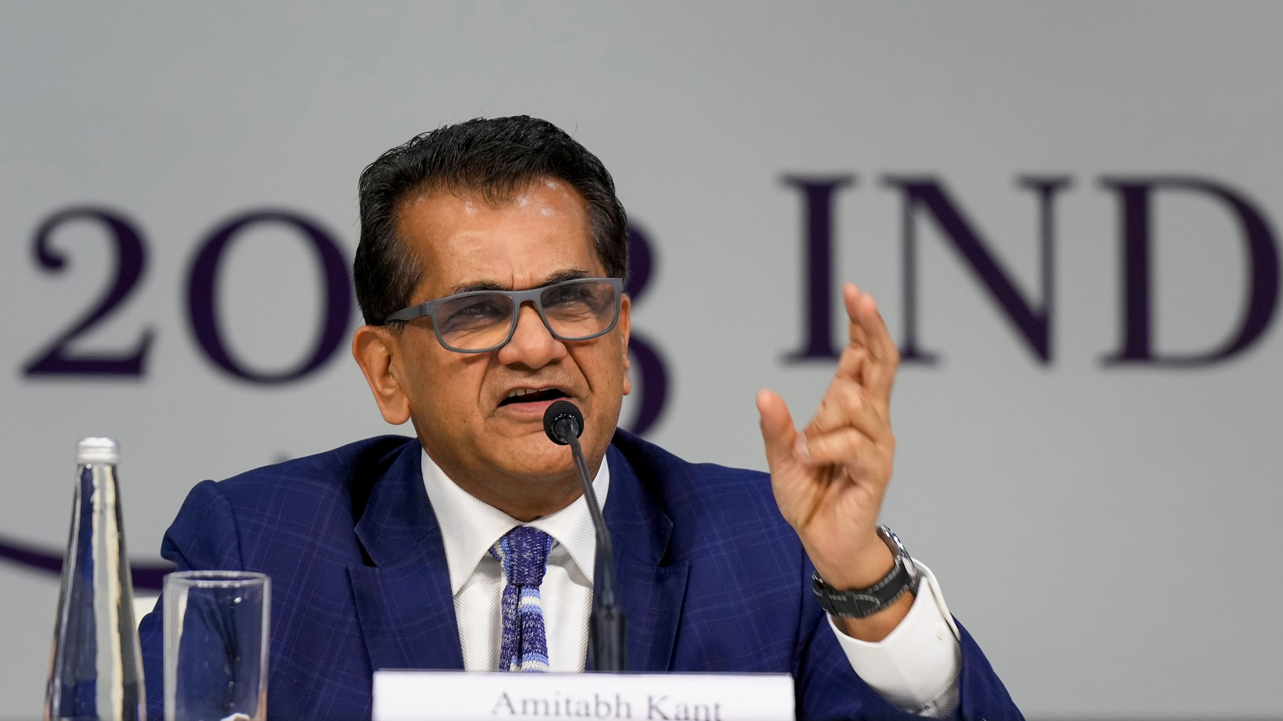 <div class="paragraphs"><p>India's G20 Sherpa Amitabh Kant during the G20 curtain raiser press conference in New Delhi, Friday, Sept 8, 2023. </p></div>